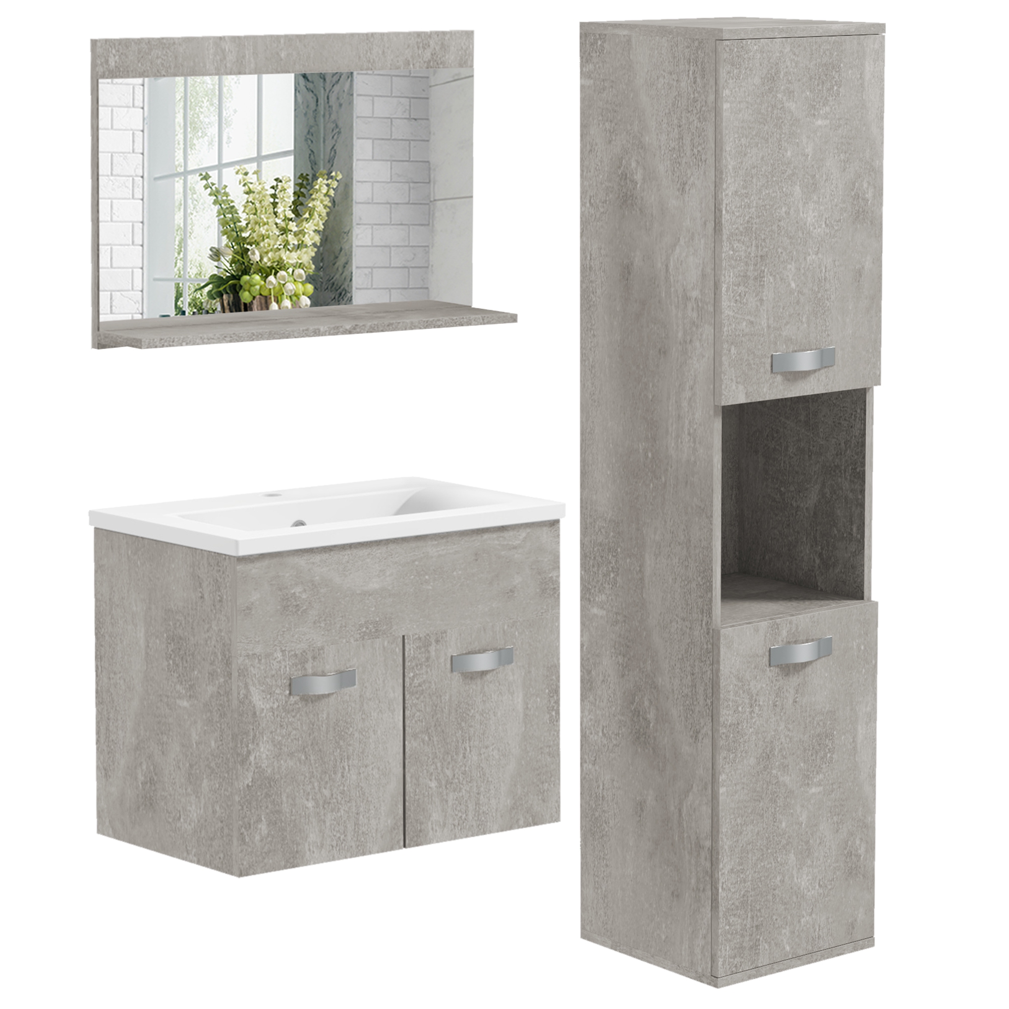 Kleankin Conjunto Mueble Baño Diseño Moderno Almacenamiento Grises Madera 3 Piezas Espejo Armario Lavabo Cerámico Columna Auxiliar | Aosom España