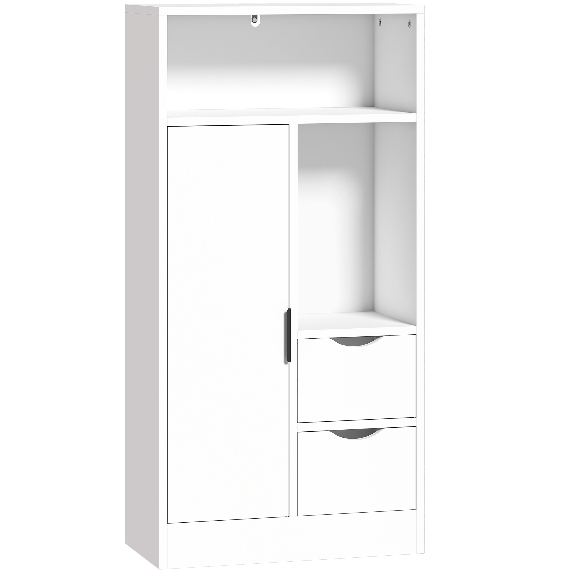 HOMCOM Meuble de salle de bain, meuble de rangement étroit avec 2 tiroirs, compartiments ouverts, 50x25x100cm, blanc