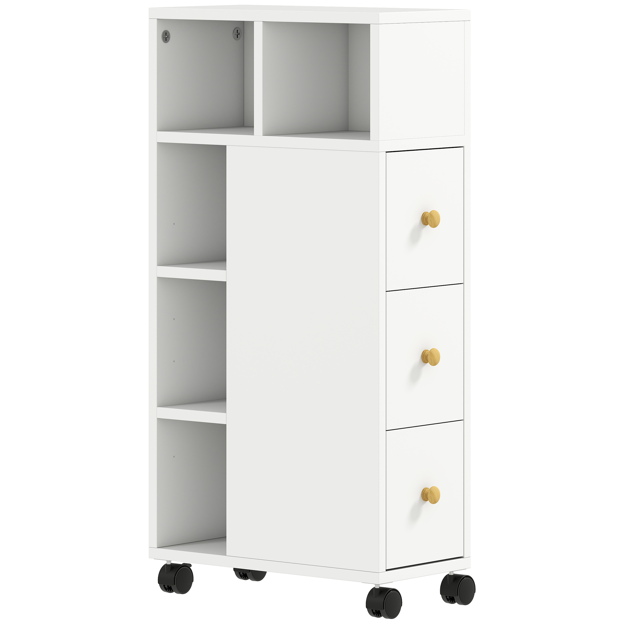 HOMCOM Smalle Badkamerkast 20x40x80 cm Ladekast op Wieltjes met 3 Lades, 5 Open Vakken, Vochtbestendige Opbergkast voor Nis, tot 8 kg, Wit | Aosom.nl