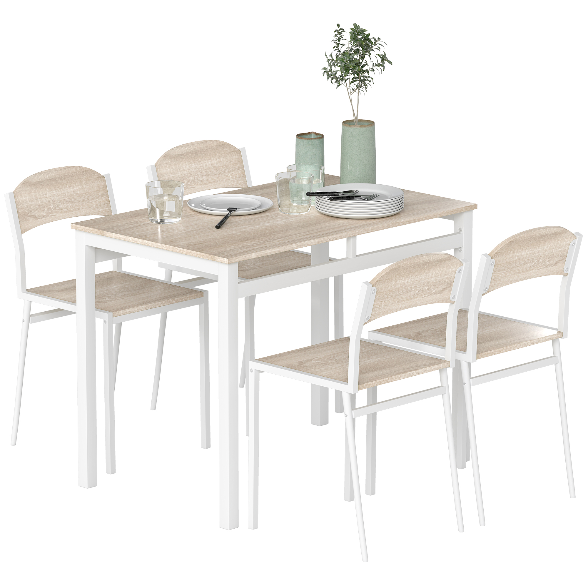 HOMCOM Ensemble table à manger 5 pièces avec 4 chaises cuisine salle à manger salon plateau MDF coloris bois de chêne châssis métal blanc HOMCOM Ensemble table à manger 5 pièces avec 4 chaises cuisine salle à manger salon plateau MDF coloris bois de chêne châssis métal blanc
