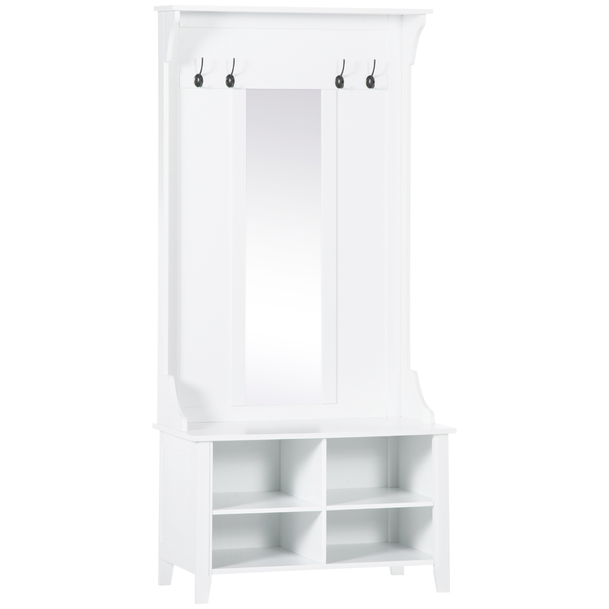 HOMCOM Porte-Manteau vestiaire d'entrée avec Banc à Chaussures et Miroir dim. 80L x 40l x 170H cm 4 étagères 4 patères Double Crochet bois Blanc HOMCOM Porte-Manteau vestiaire d'entrée avec Banc à Chaussures et Miroir dim. 80L x 40l x 170H cm 4 étagères 4 patères Double Crochet bois Blanc