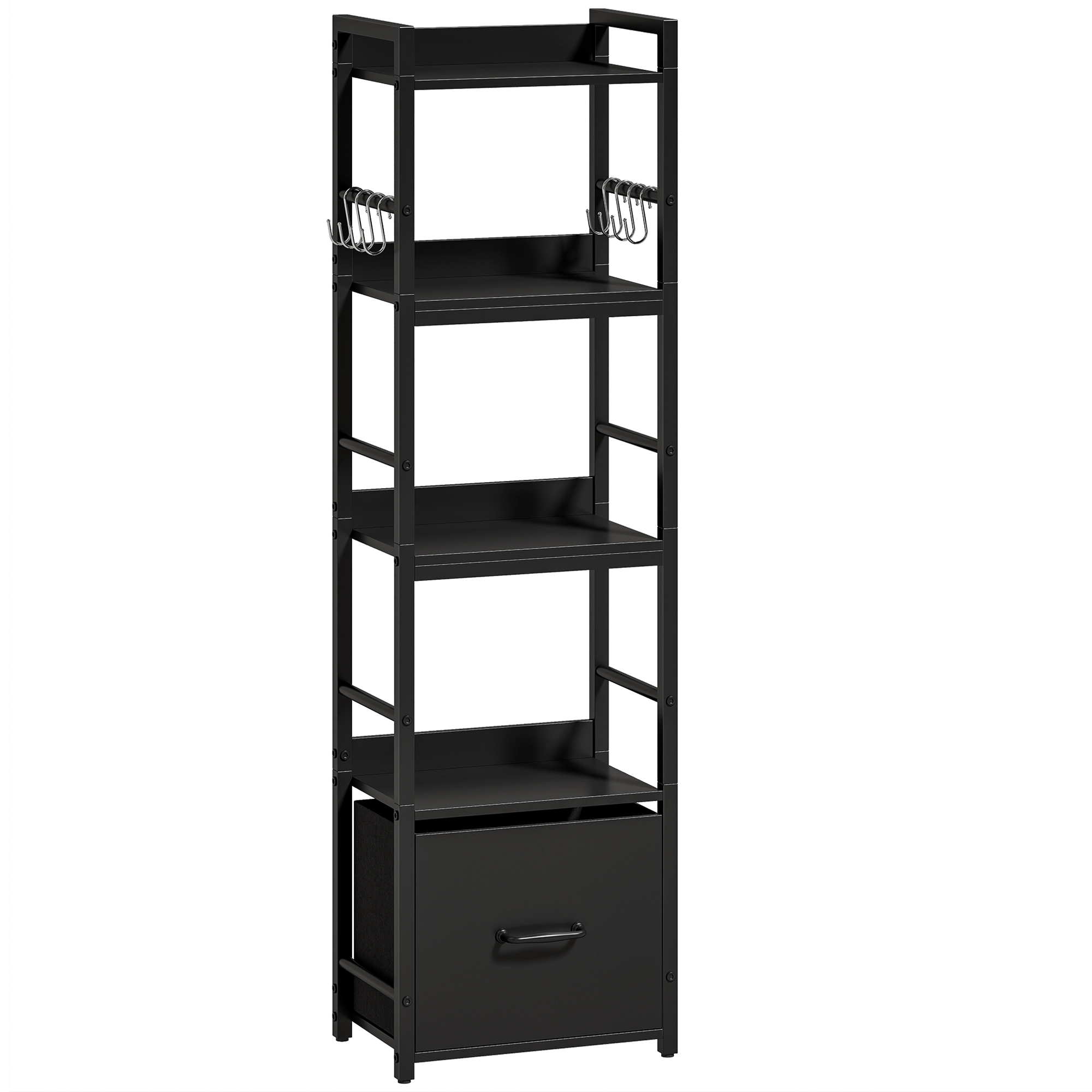 HOMCOM 4-Tier Bookshelf, Narrow Bookcase with Drawer, 8 Hooks, Metal Frame, Black HOMCOM 4-Tier Bookshelf, Narrow Bookcase with Drawer, 8 Hooks, Metal Frame, Black