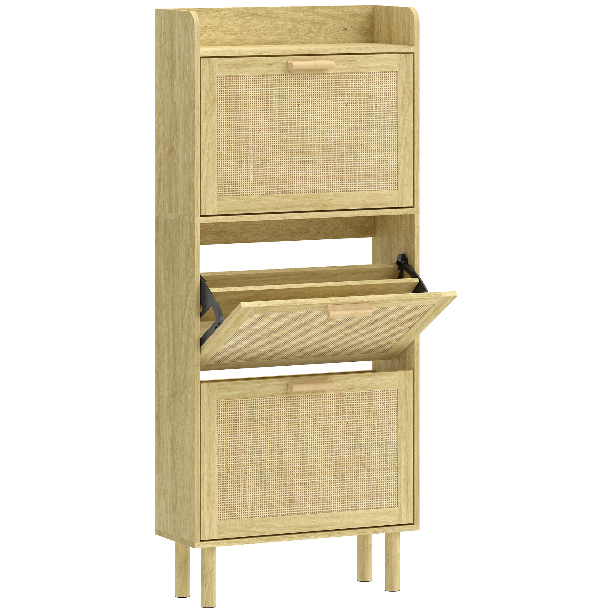 HOMCOM Mueble Zapatero con 3 Cajones Abatibles y Estante Abierto para12-18 Pares de Zapatos 65x24,5x153 cm Roble