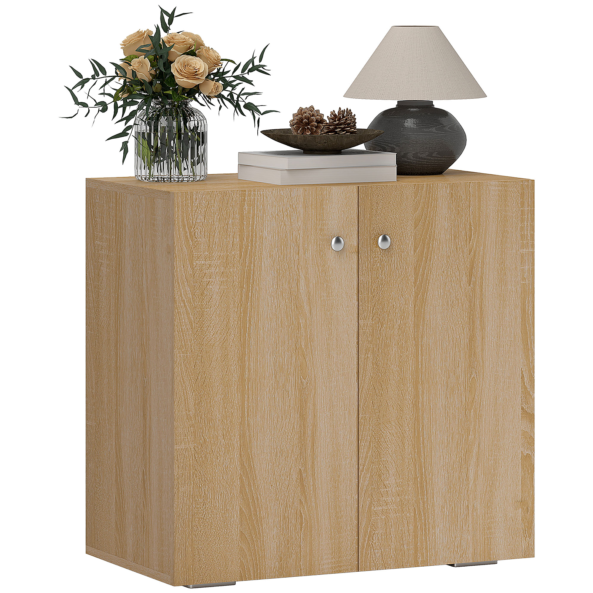 Buffet 2 portes avec étagère aspect chêne clair panneaux de particules, métal (poignées, charnières)