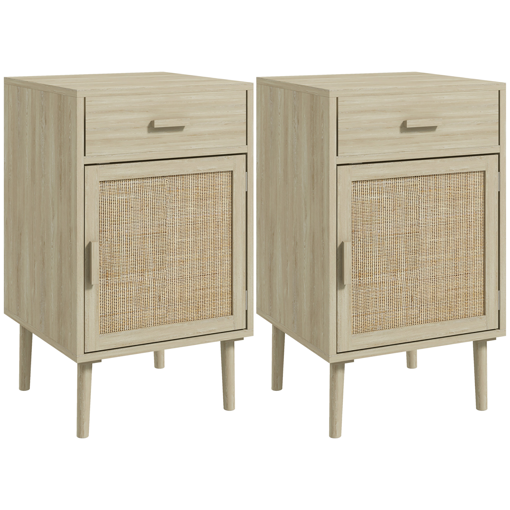 HOMCOM Juego de 2 Mesitas de Noche Mesillas de Noche con Cajón de Ratán y Estante Ajustable 40x40x68,5 cm Roble | Aosom España