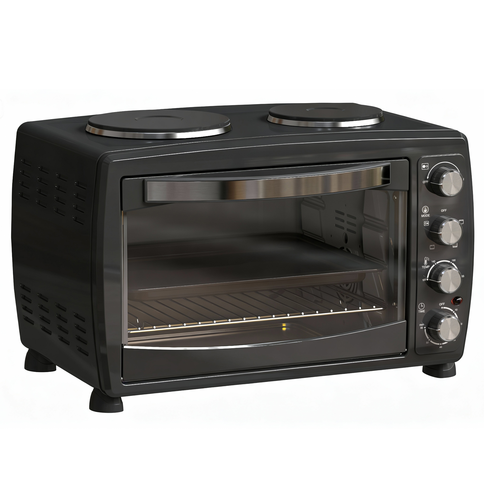 HOMCOM 36L Small Oven with 2 Hot Plates, Countertop Toaster Oven, Grill, Roast, Bake, Boil, with Timer, Adjustable Temperature, Electric Oven with Baking Tray, Grill Rack, Crumb Tray, 2600W, Black