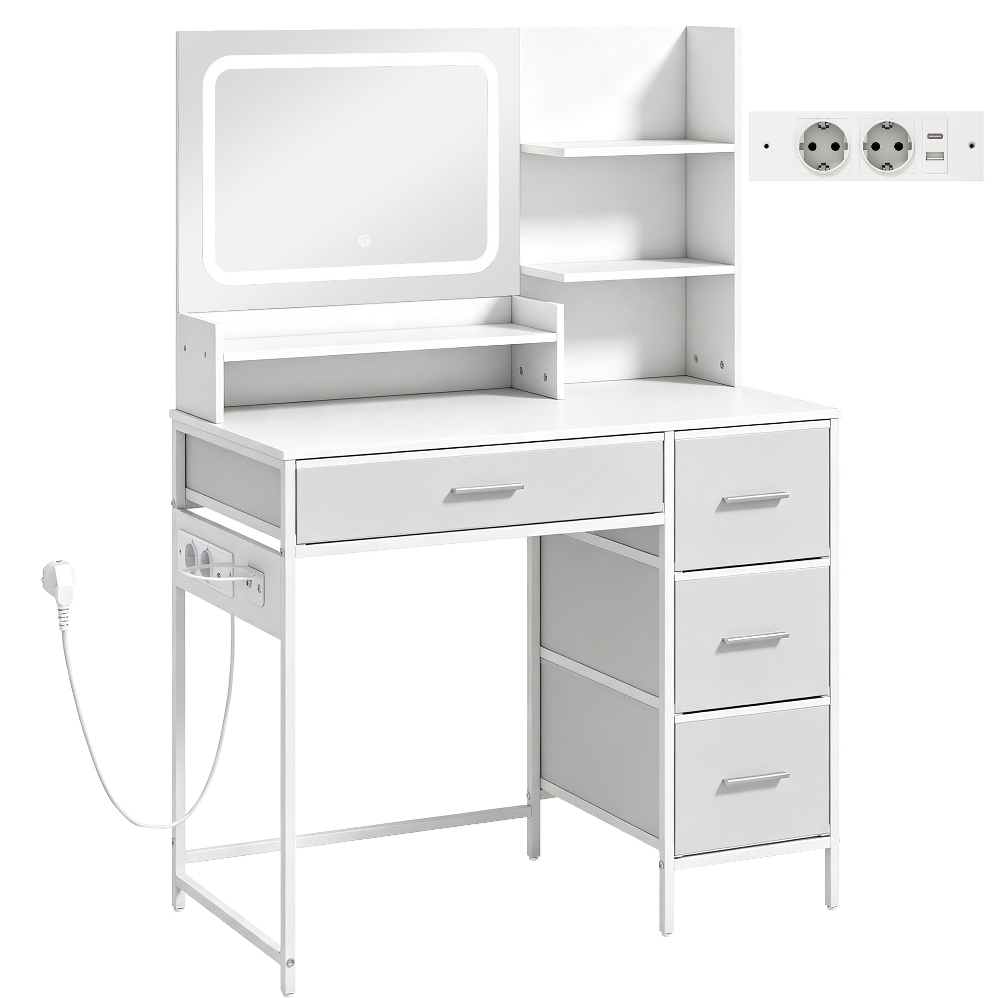 HOMCOM Coiffeuse de Maquillage avec Miroir LED 3 Couleurs Station de Charge 4 Tiroirs 5 Étagères Support pour Sèche-Cheveux Blanc