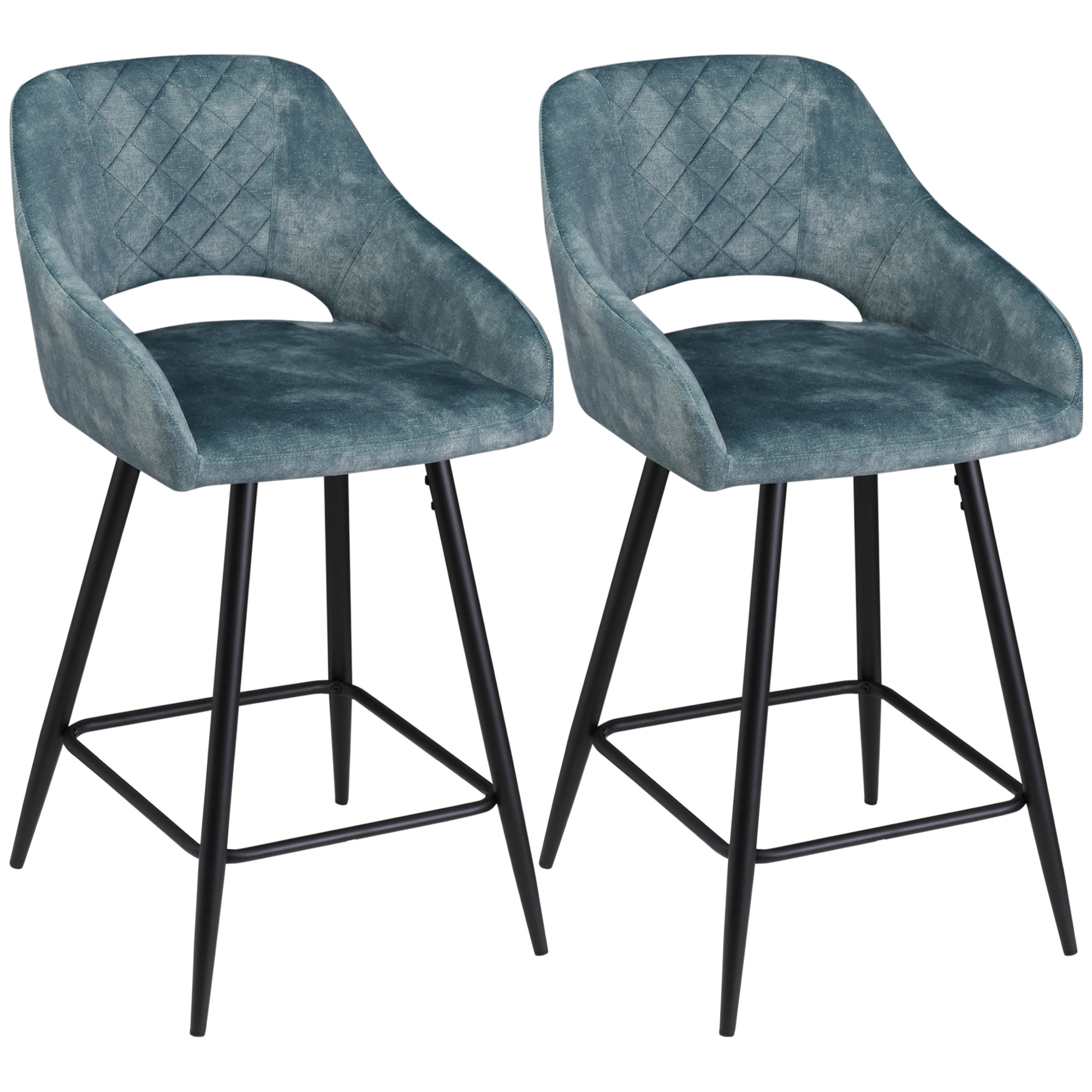Homcom Blue Bar Stools Set Of 2, Velvet-Touch Fabric Counter Height Bar Chairs, Kitchen Stools With Steel Legs For Dining Area, | Aosom Uk