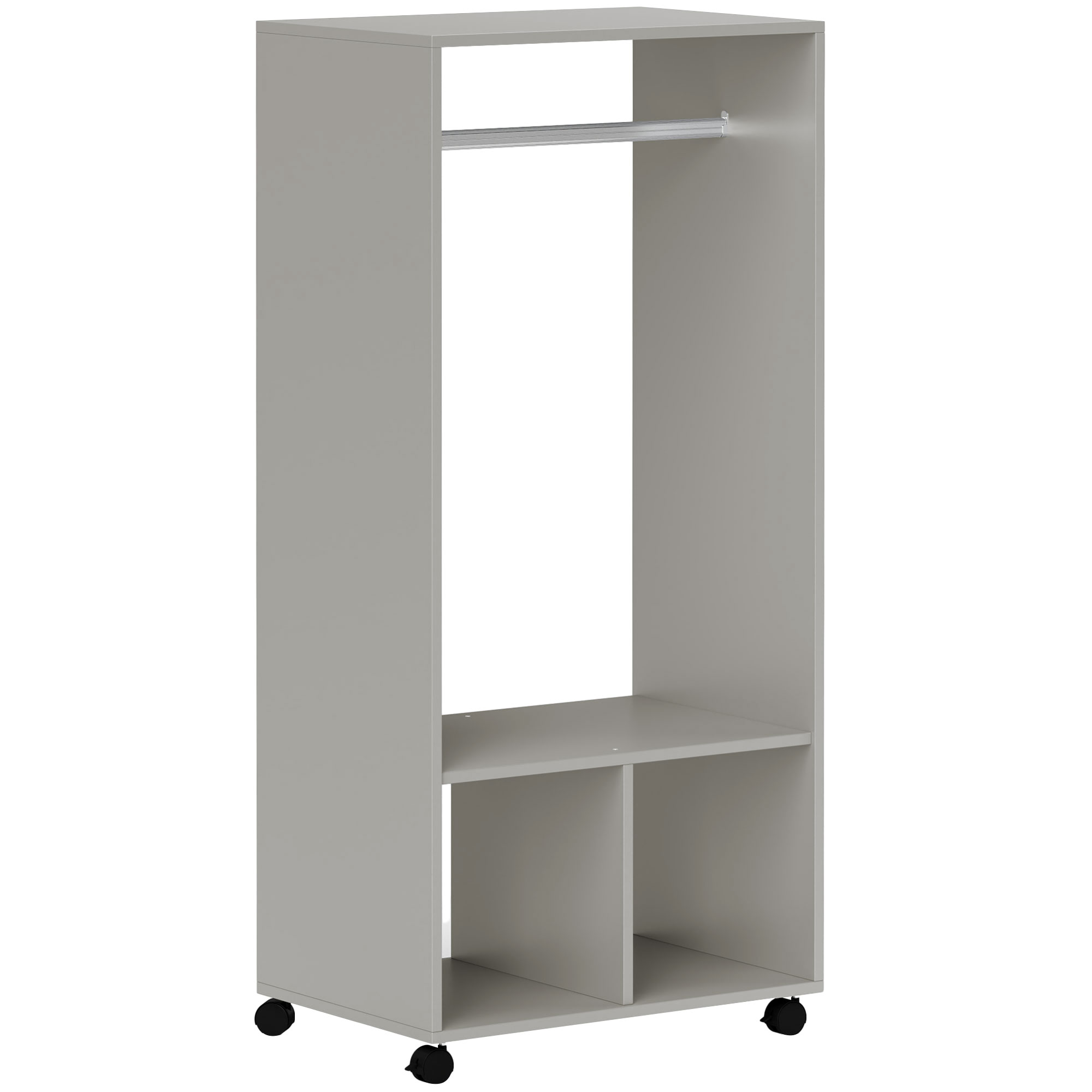 HOMCOM Armoire penderie étagère 2 niches penderie 4 roulettes pivotantes dim. 60L x 40l x 128H cm gris