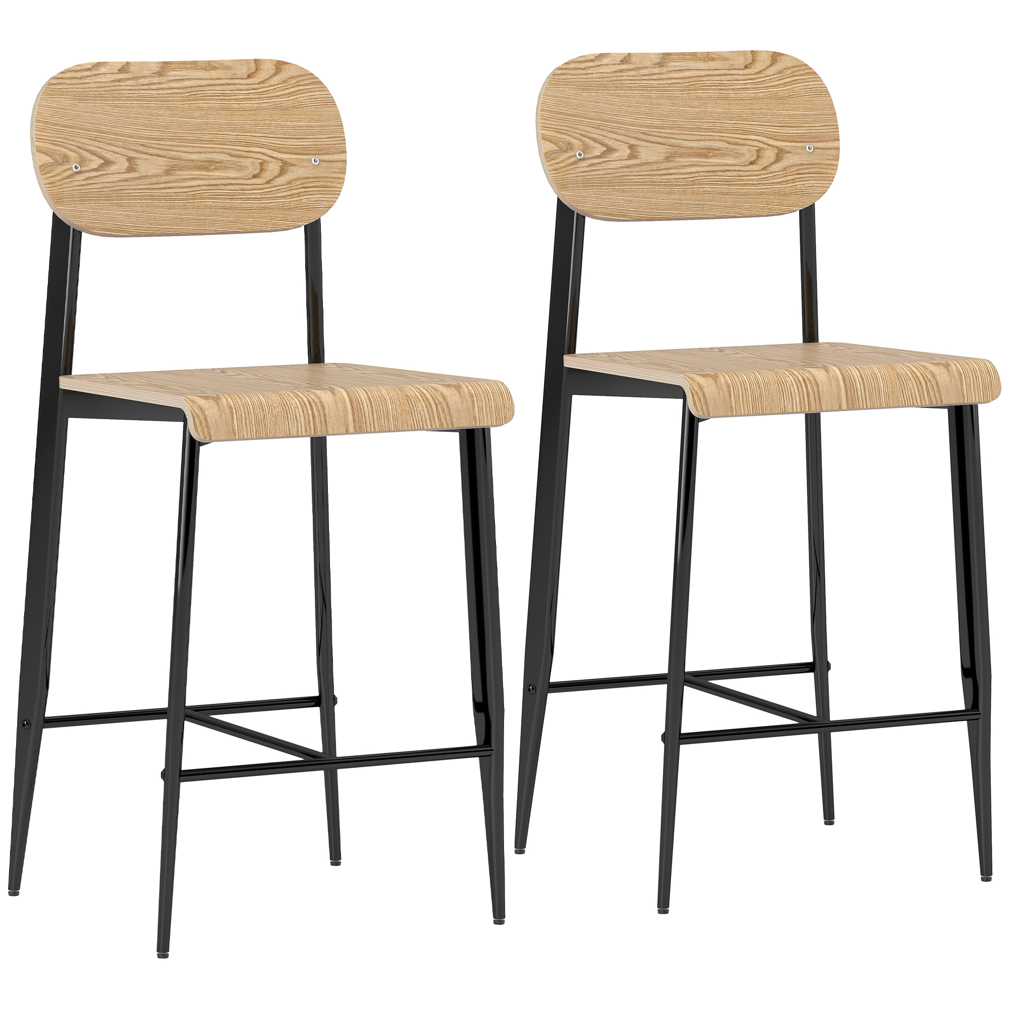 2er-Set Barhocker, Barstühle mit Rückenlehne und Metallgestell, Holz, Hellbraun