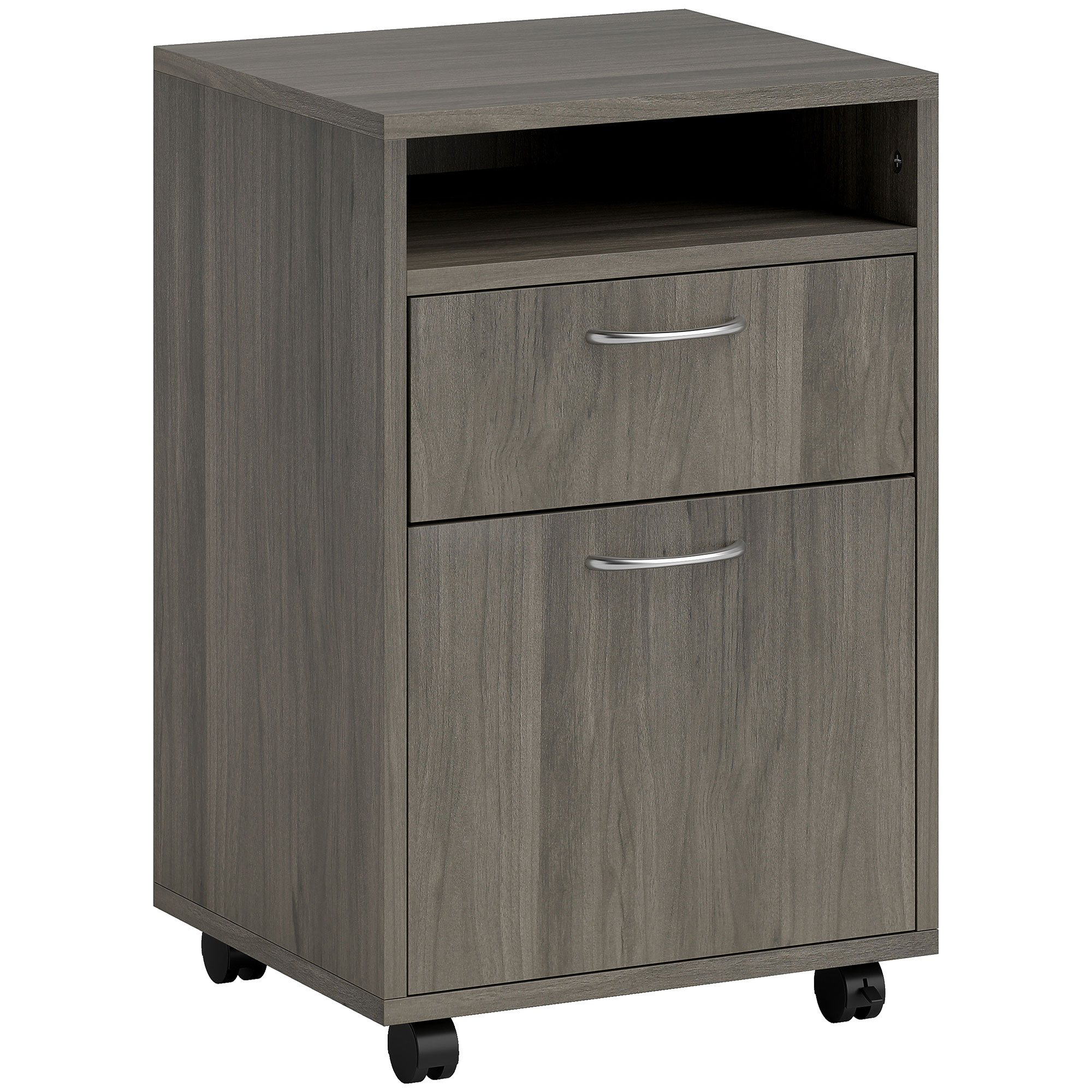 Homcom Grey 60Cm Filing Cabinet With Drawer, Open Shelf, Metal Handles And 4 Wheels, Office Home Organiser Mobile Printer,