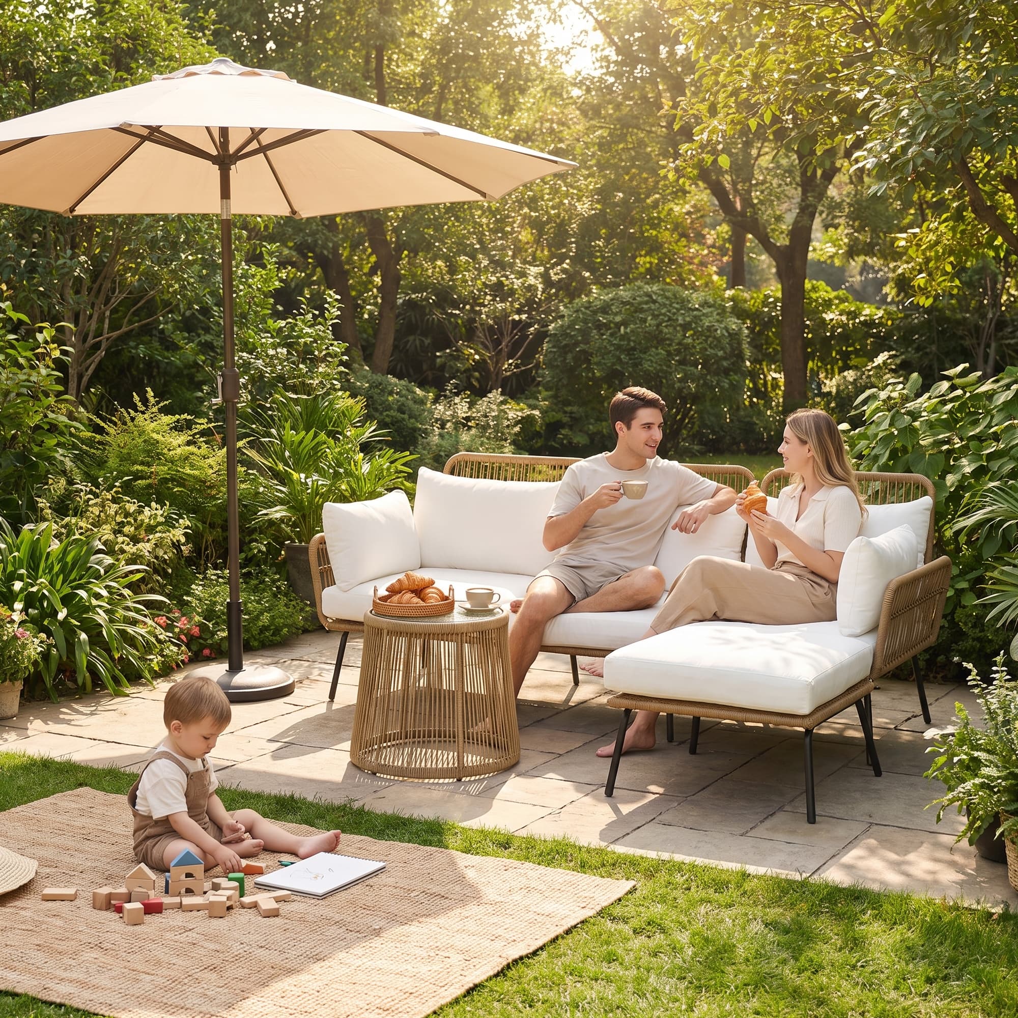 Outsunny Loungeset l-vormige rattan bank met zachte afneembaar en wasbaar kussens met bijzettafel zwembad buiten tot 380 kg crème | Aosom.nl