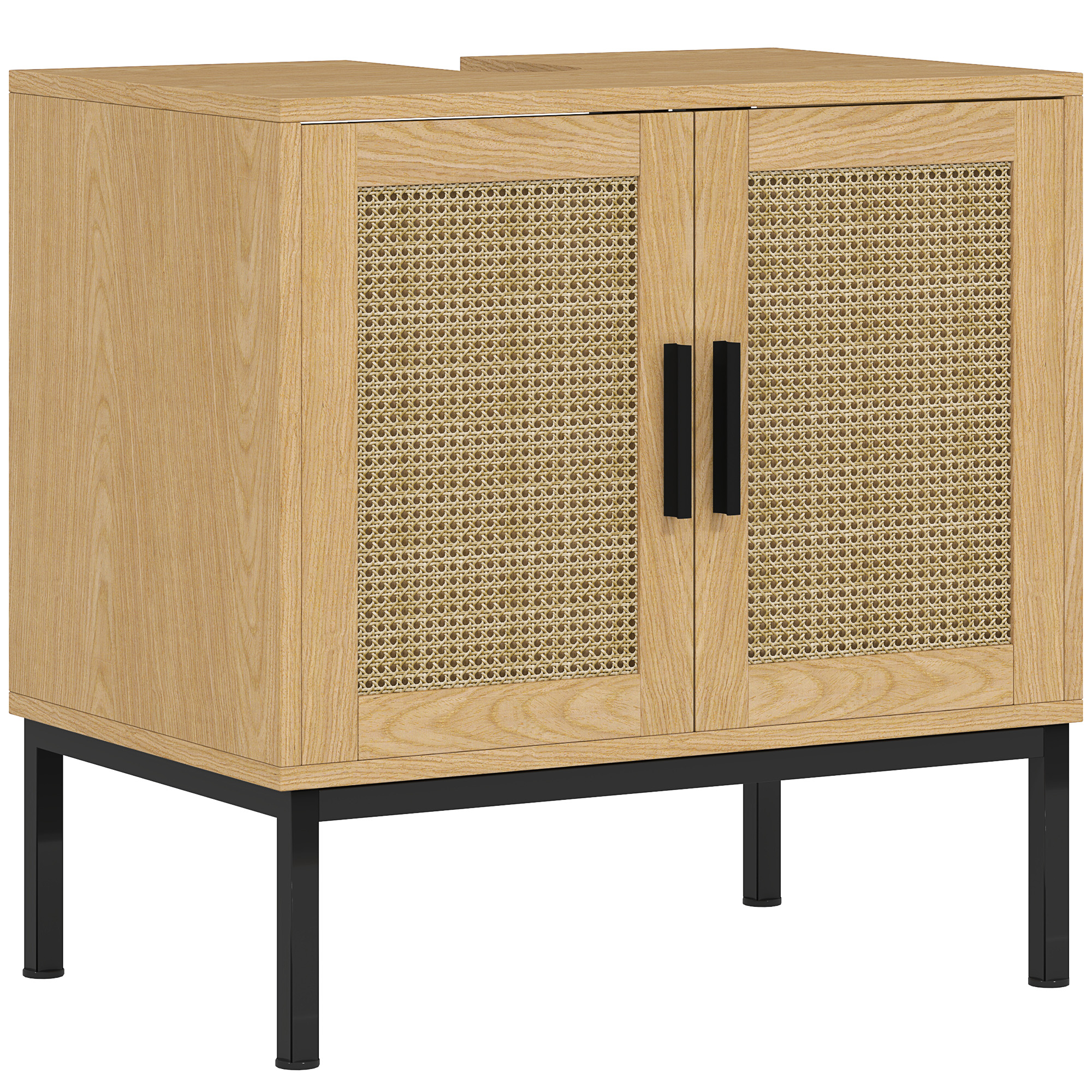 Badezimmerunterschrank, im Boho-Design, Badezimmerschrank, Rattan-Elemente, mit U-Ausschnitt, Eiche