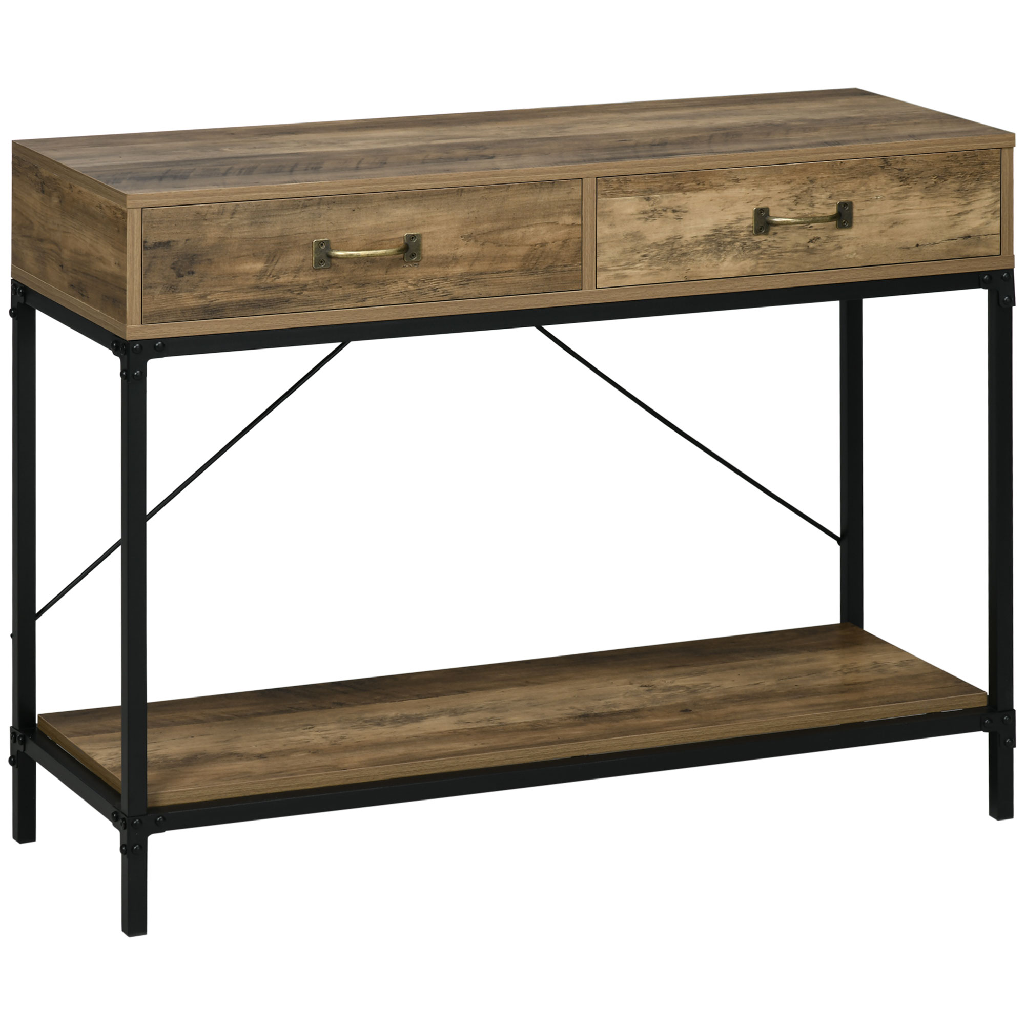 HOMCOM Table console table d'entrée avec 2 tiroirs et une étagère structure en métal et panneaux de particules solides marron HOMCOM Table console table d'entrée avec 2 tiroirs et une étagère structure en métal et panneaux de particules solides marron