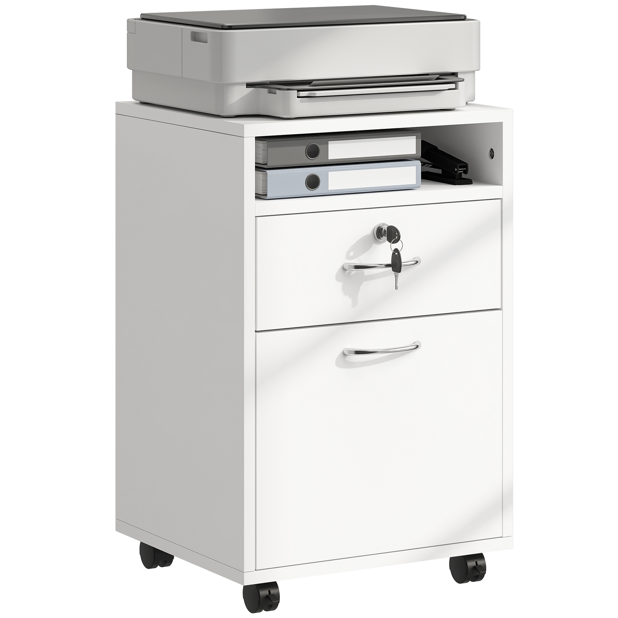 HOMCOM Cajonera Oficina Móvil con 4 Ruedas 2 Frenos Cajón con Cerradura Estante Abierto Armario 40x35x60cm Blanco Práctica | Aosom España