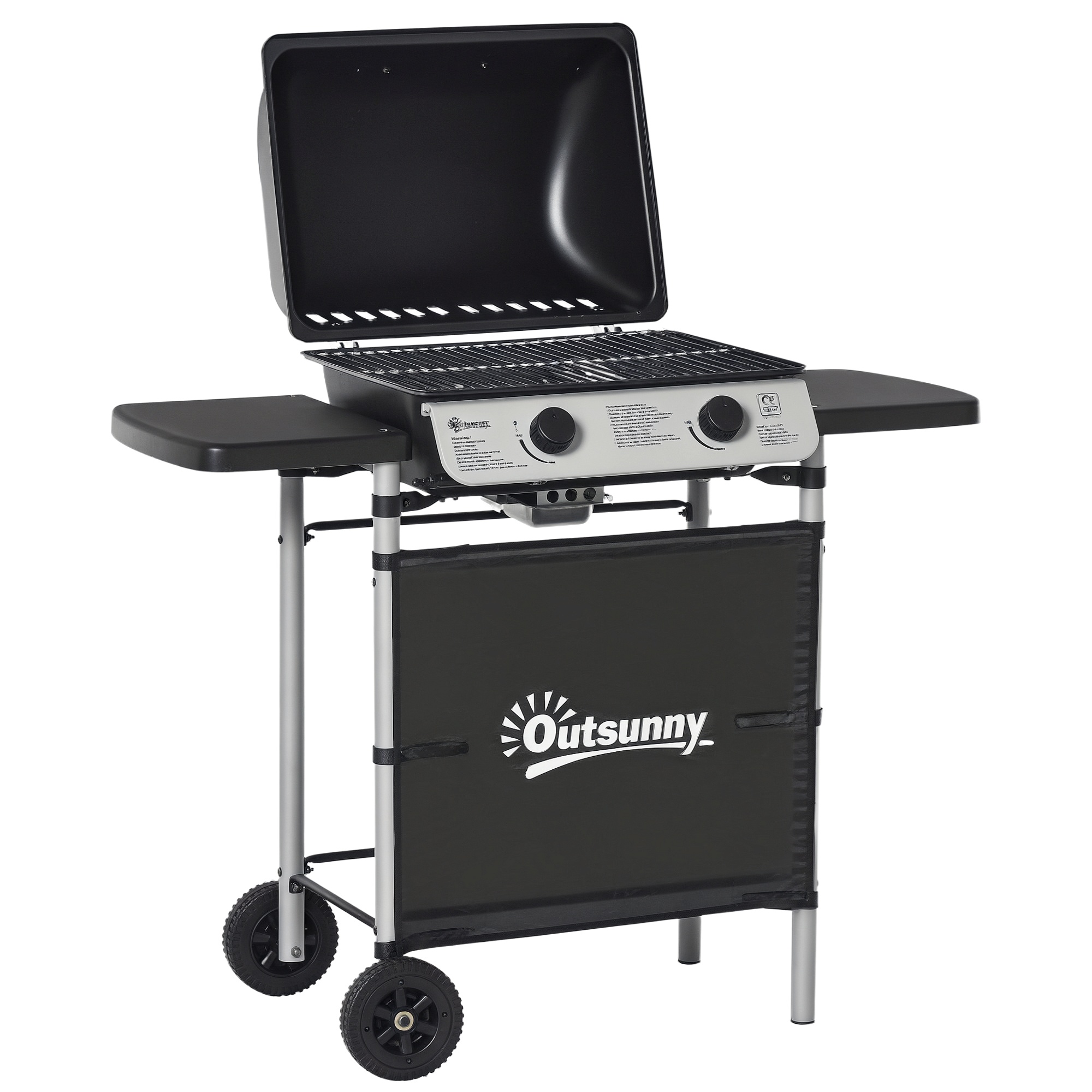 Outsunny 2 Burner Gas BBQ Trolley with Lid, 5.6 kW Gas Barbecue Grill with Wheels, Side Shelves for Home Patio Garden Party Outdoor Cooking, Black Outsunny 2 Burner Gas BBQ Trolley with Lid, 5.6 kW Gas Barbecue Grill with Wheels, Side Shelves for Home Patio Garden Party Outdoor Cooking, Black