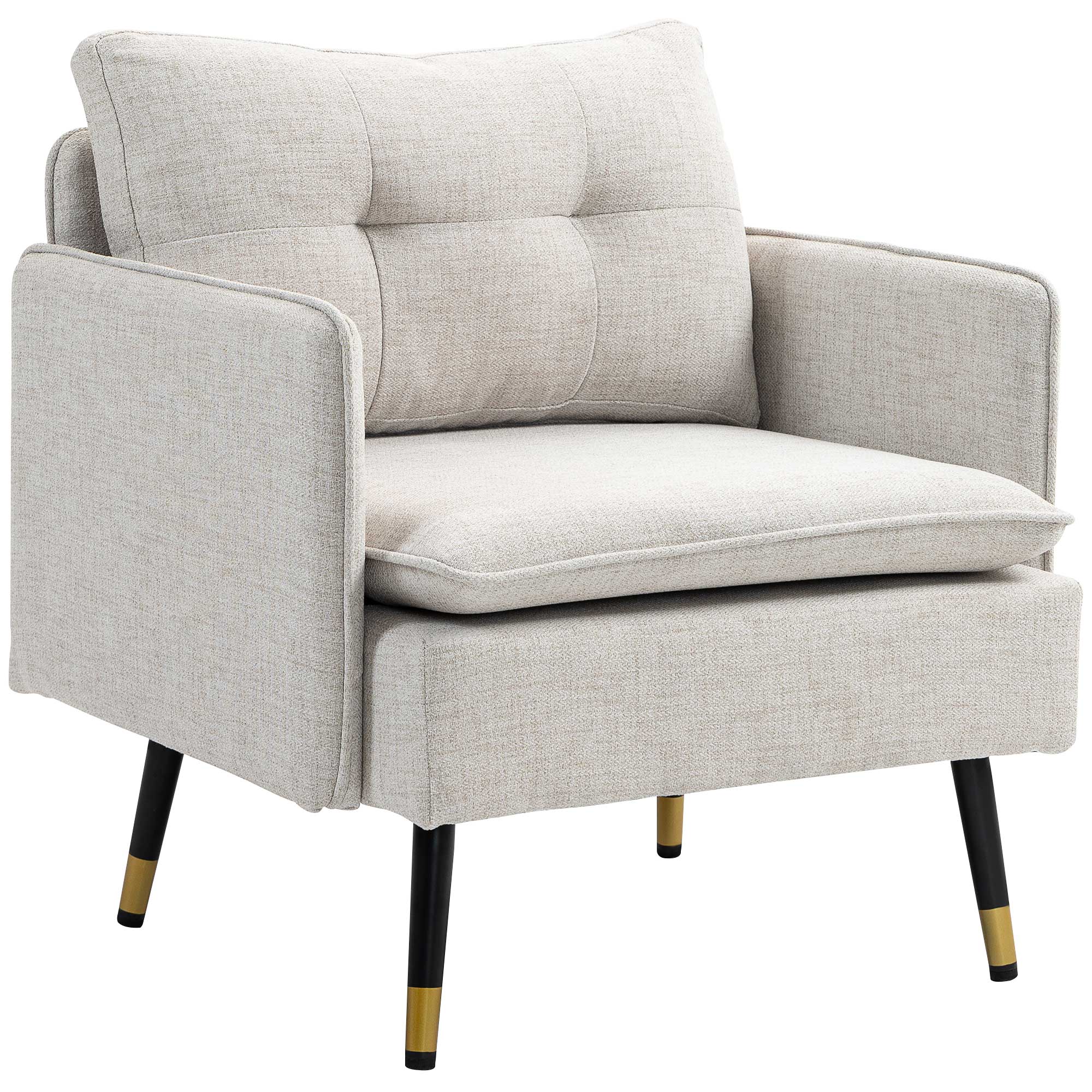 Fauteuil scandinave dossier capitonné avec passepoil en tissu crème et pieds en métal noir et doré