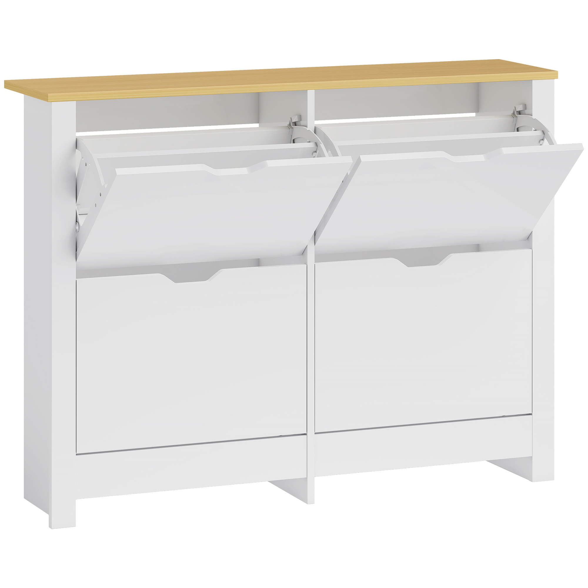Schuhschrank Schmal mit 4 Klappfächern für 8–16 Paar Schuhe, 105 x 26 x 80 cm, Weiß+Natur