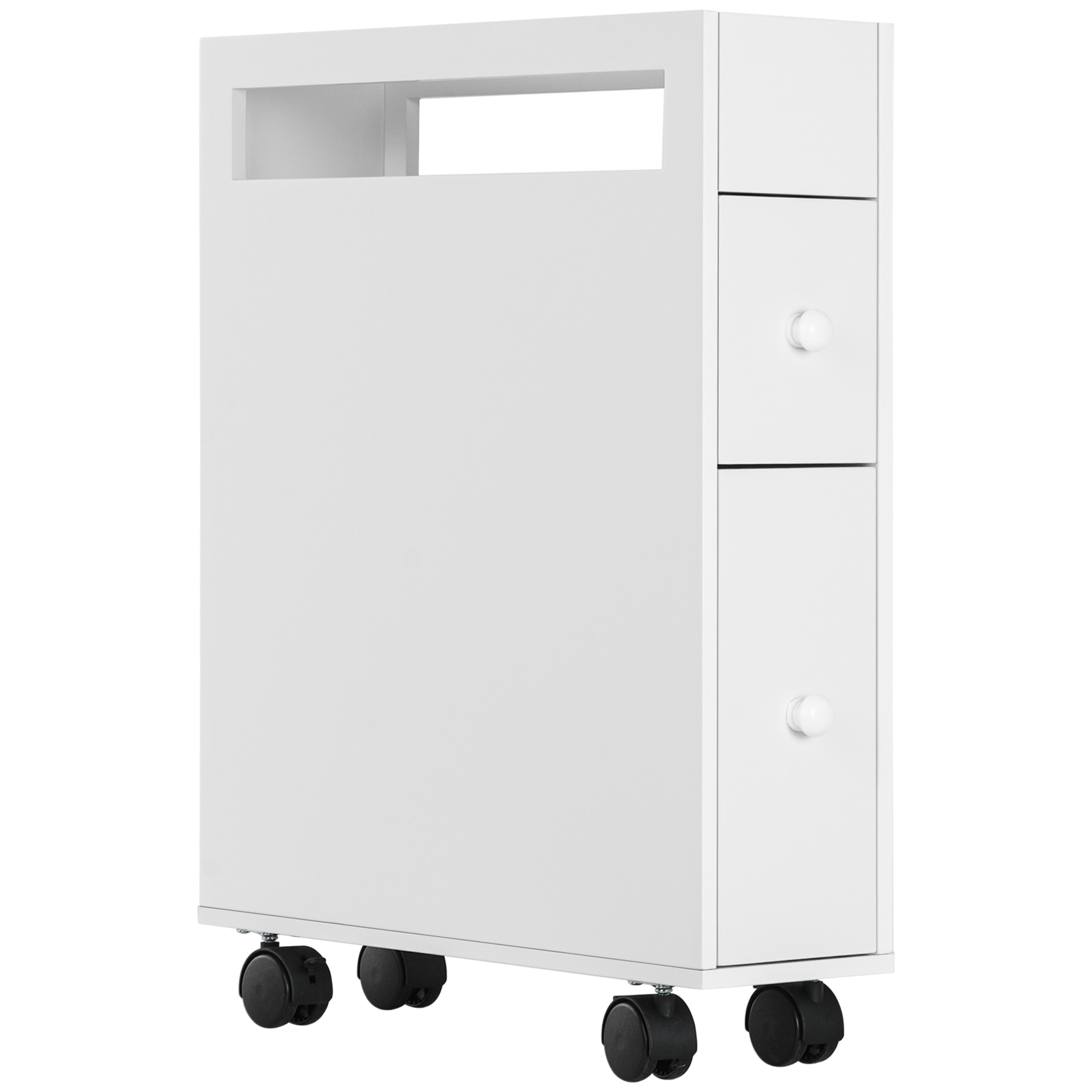 Nischenwagen Badschrank Rollschrank, schmales Design, zwei Schubladen, vier Räder, weiß, 16 x 49,5 x 66 cm
