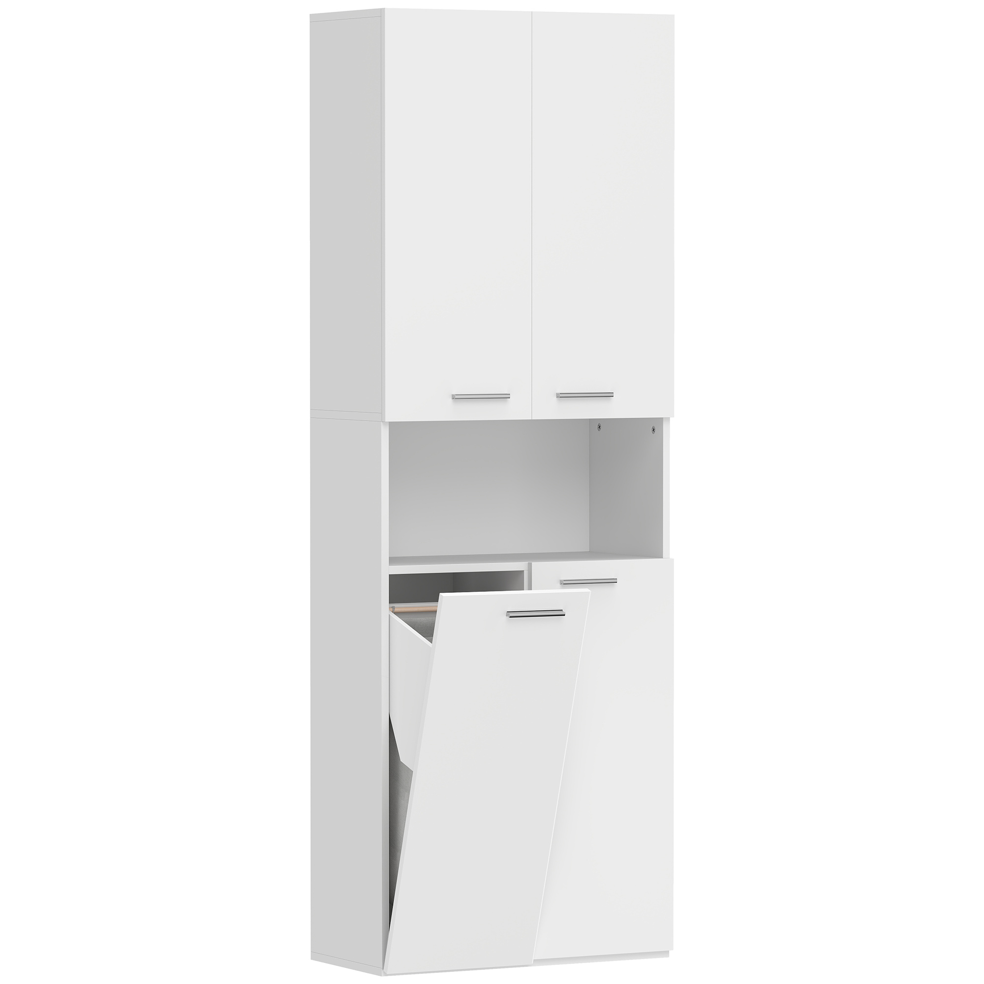 174 cm hoher Badezimmerschrank mit ausklappbarem Wäschekorb und Soft-Close-Türen, Weiß