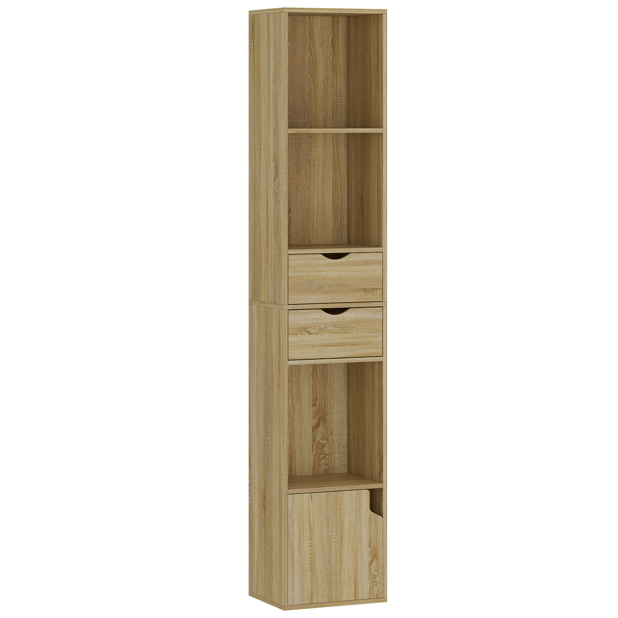 HOMCOM Biblioteca Ingusta cu 6 Rafturi, Sertare, Usa si Polite Deschise, 30x24x158 cm, Stejar | Aosom Romania