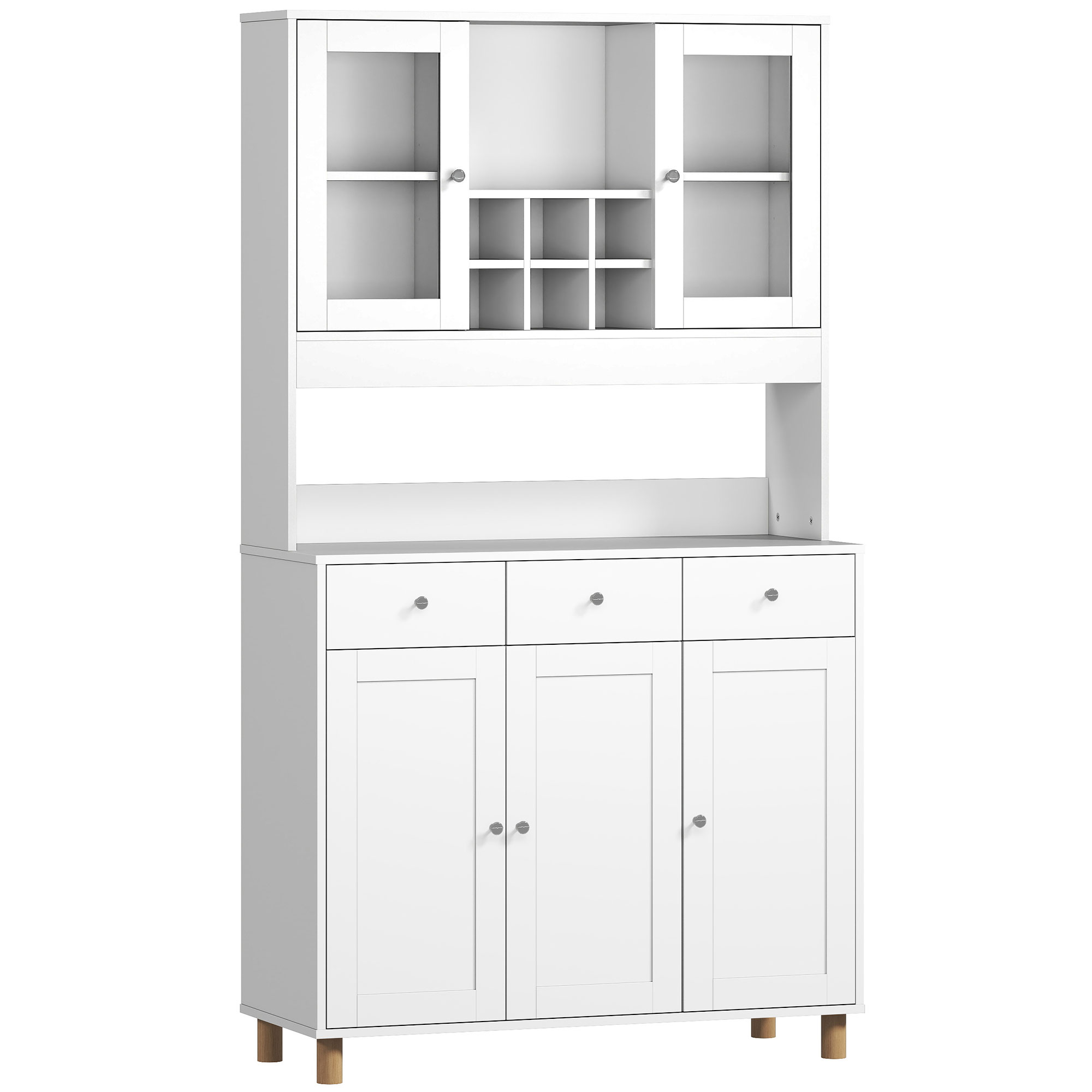 180 cm Küchenschrank, 2 Glastüren, 3 Schubladen, 4 verstellbare Regale, Esszimmerschrank, Spanplatte, Weiß