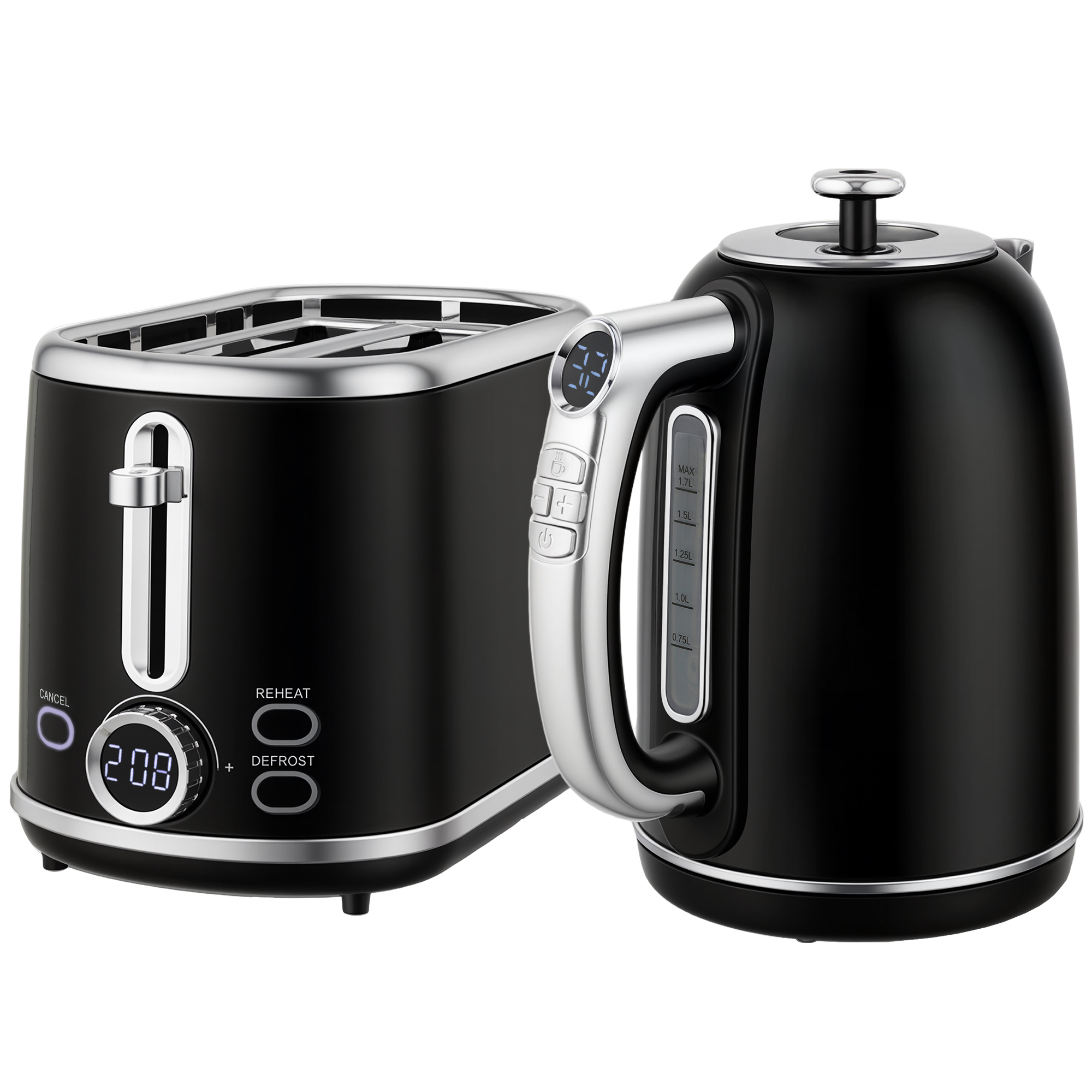 Kettle and Toaster Set, LED Display, 1.7 Liter, 2200W, Retro Design, Memory Function, Black