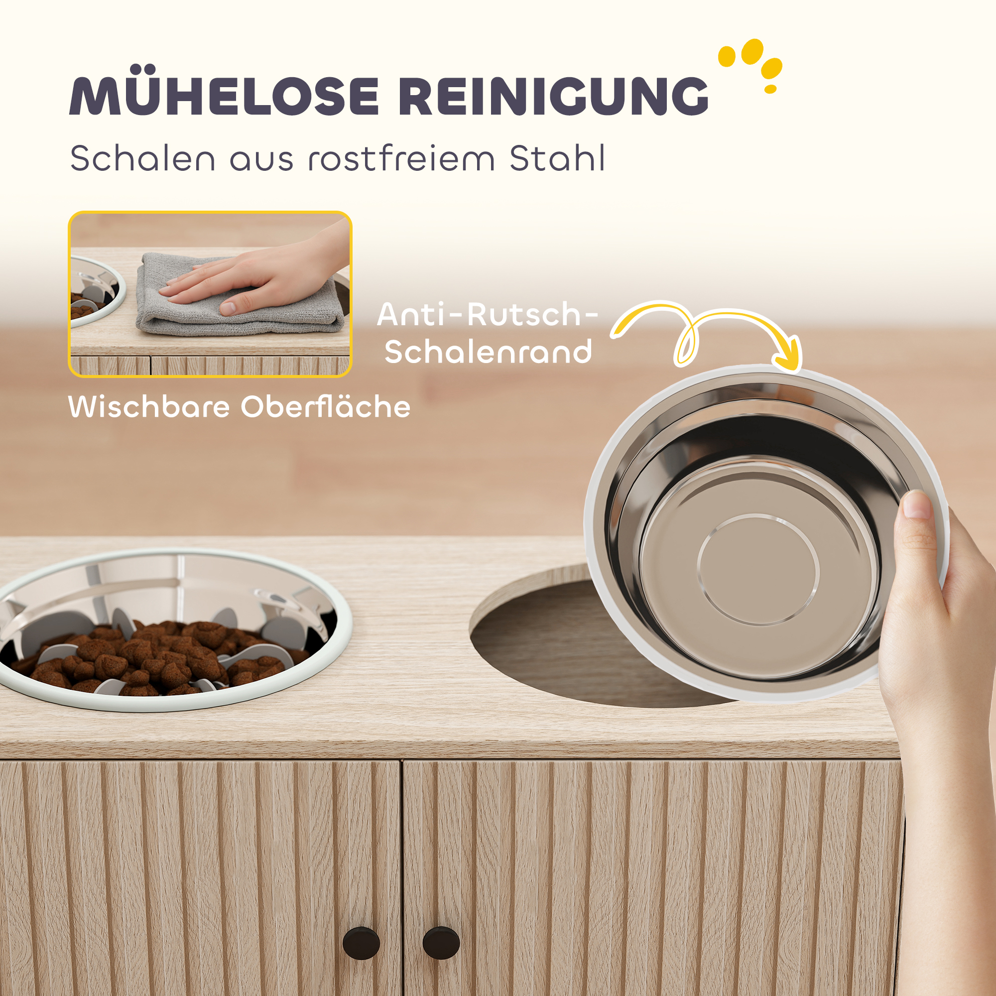 Koerte söögijaam kahe roostevabast terasest kausiga, söögiriistade kapp, suurtele koertele, aksessuaarid, puit