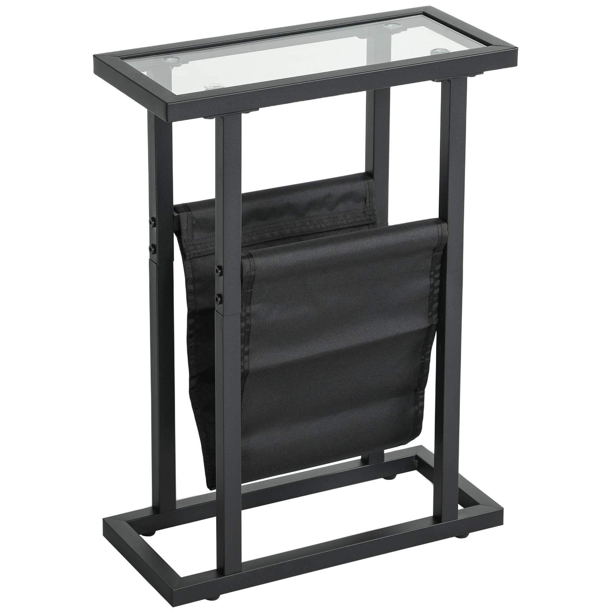 Beistelltisch aus Metall mit Stofftasche und Glasplatte, schmaler Tisch für Wohnzimmer, Schlafzimmer, Schwarz