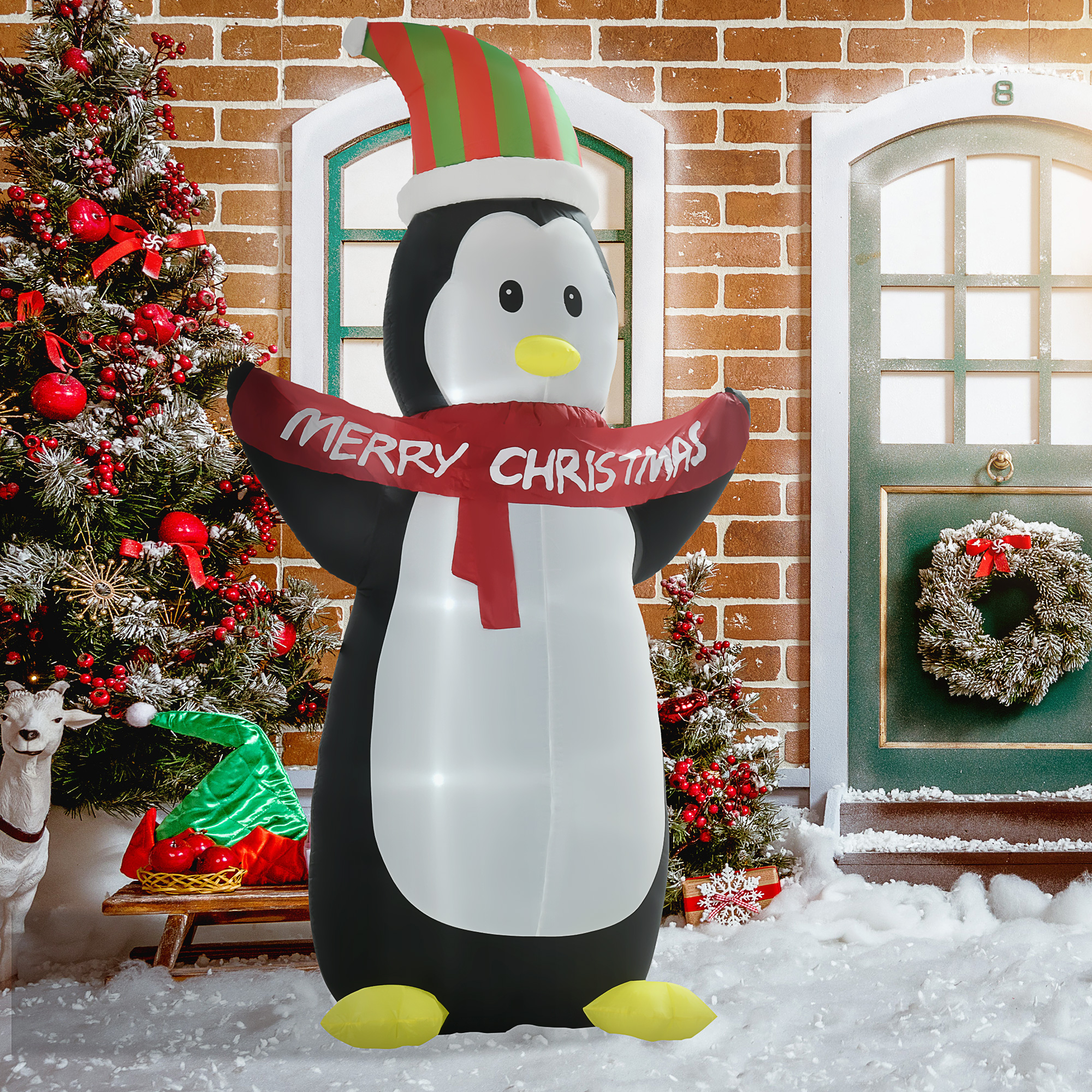 HOMCOM 8ft Inflatable Penguin & Christmas Banner Decoration Indoor Outdoor Weather-Resistant Shell Fun Cute