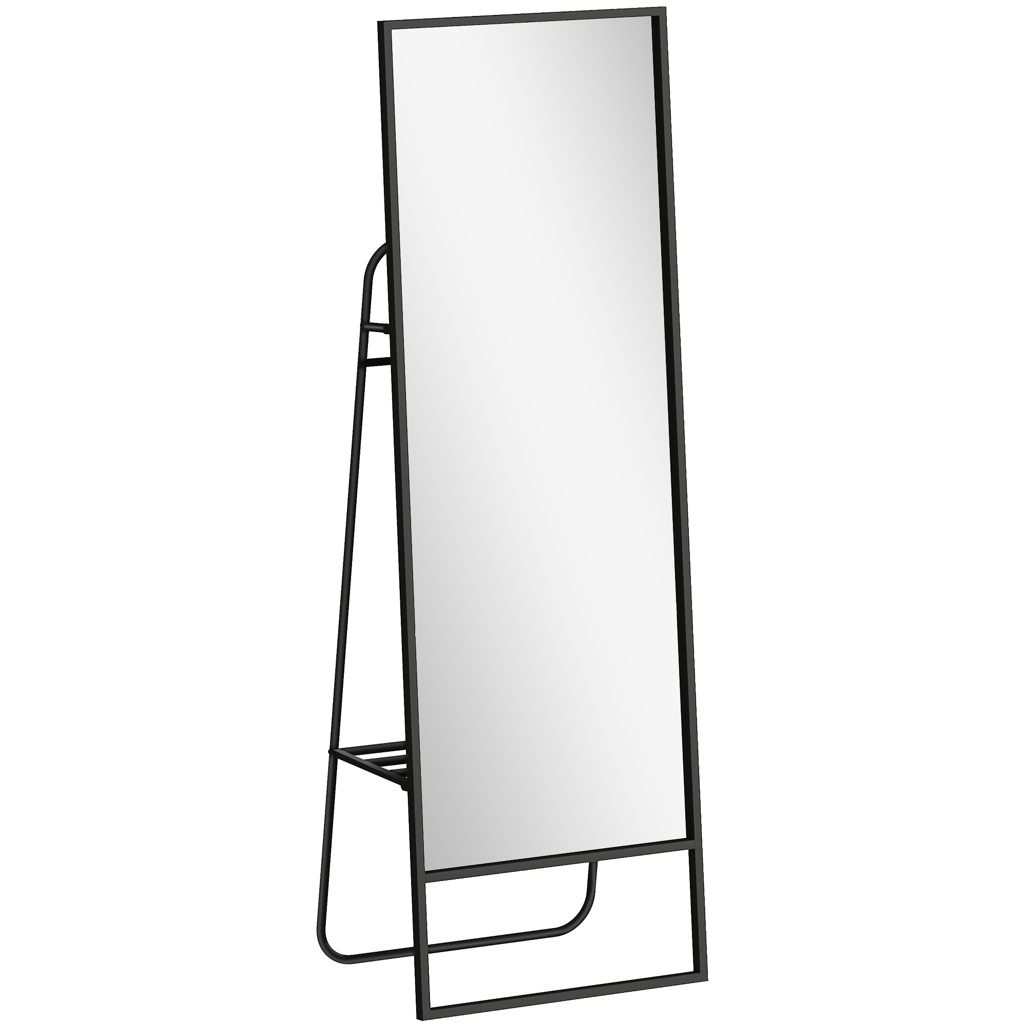 Ganzkörperspiegel, industrielles Design, hinteres Regal, 2 Haken, Metallrahmen, für Schlafzimmer, 157 x 50 cm, Schwarz