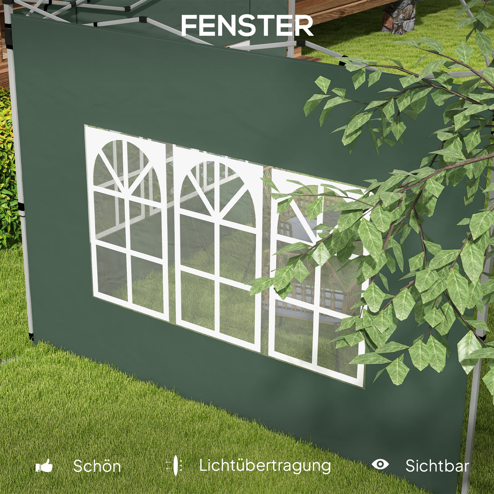 2 külgpaneeli komplekt 3x3/3x4 m paviljonile, aknaga külgsein, veekindel, roheline