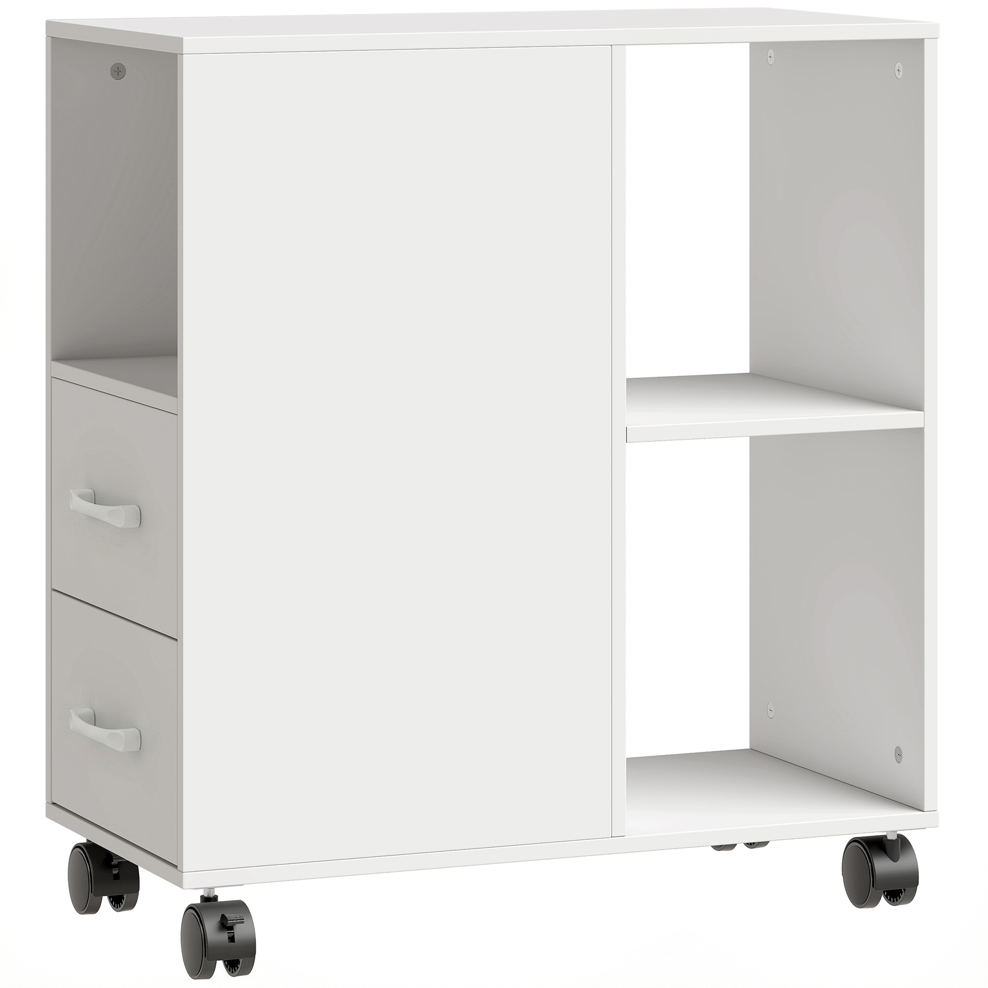 HOMCOM Table d'appoint avec roulettes, bout de canapé, tiroirs, étagère réglable et compartiment ouvert, 60x30x65cm, blanc