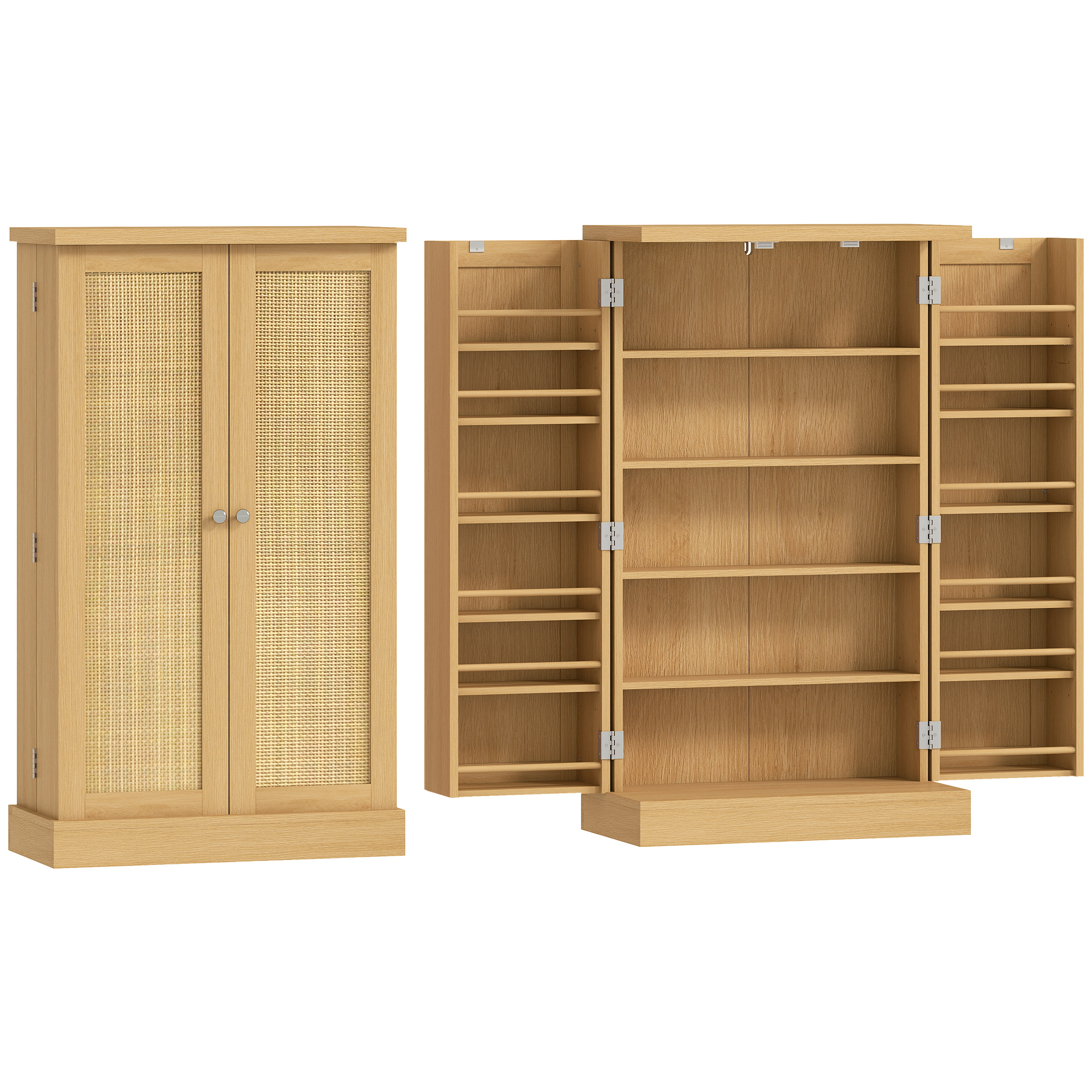 104 cm Rattan-Küchenschrank mit 5-stufigem Regal, 12 Gewürzfächern und verstellbaren Böden, Natur
