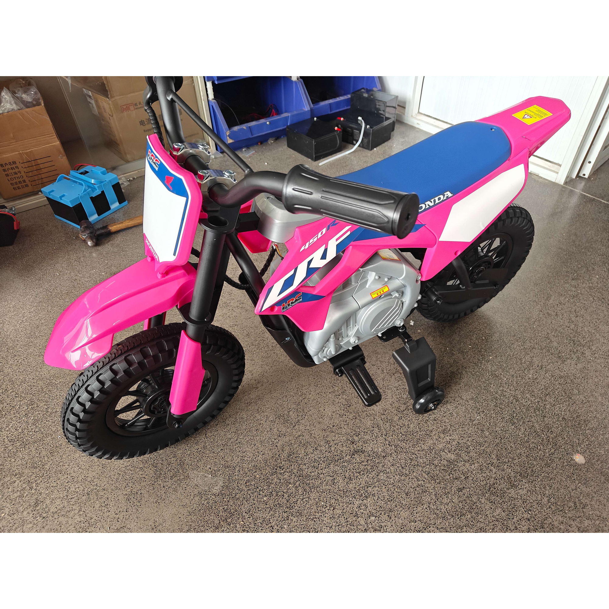 AIYAPLAY Elektro-Motorrad für Kinder ab 3 Jahren, 12V, HONDA CRF 450R-Lizenz, Lithium-Akku, Federung, abnehmbare Stützräder, 3-6 km/h, max. 30 kg, Rosa   Aosom