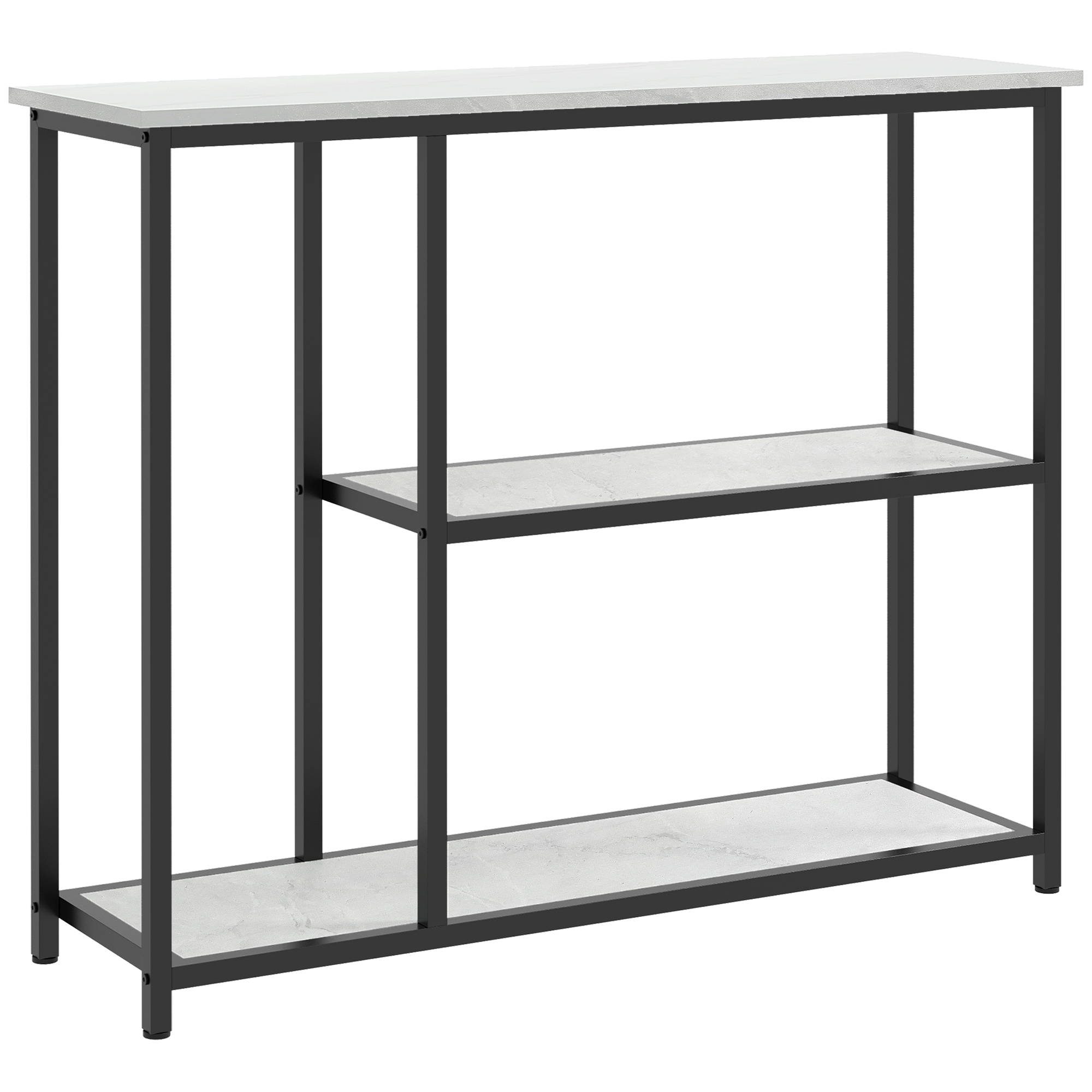 Console meuble 100 cm, table console 3 niveaux, plateaux en effet marbre, cadre en acier, blanc