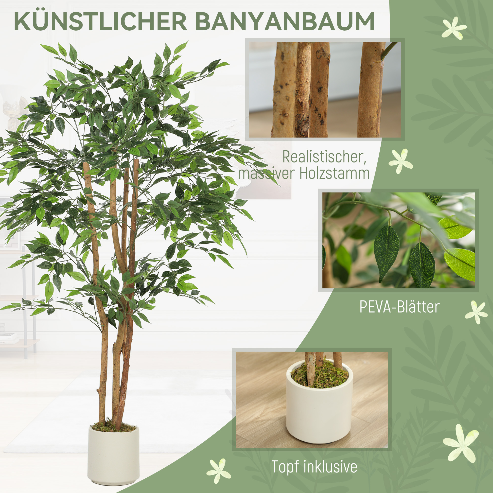 HOMCOM Künstlicher Banyanbaum Kunstpflanze mit Massivholzstamm, Topf, für Wohnzimmer Schlafzimmer Büro 65 x 65 x 150 cm Grün