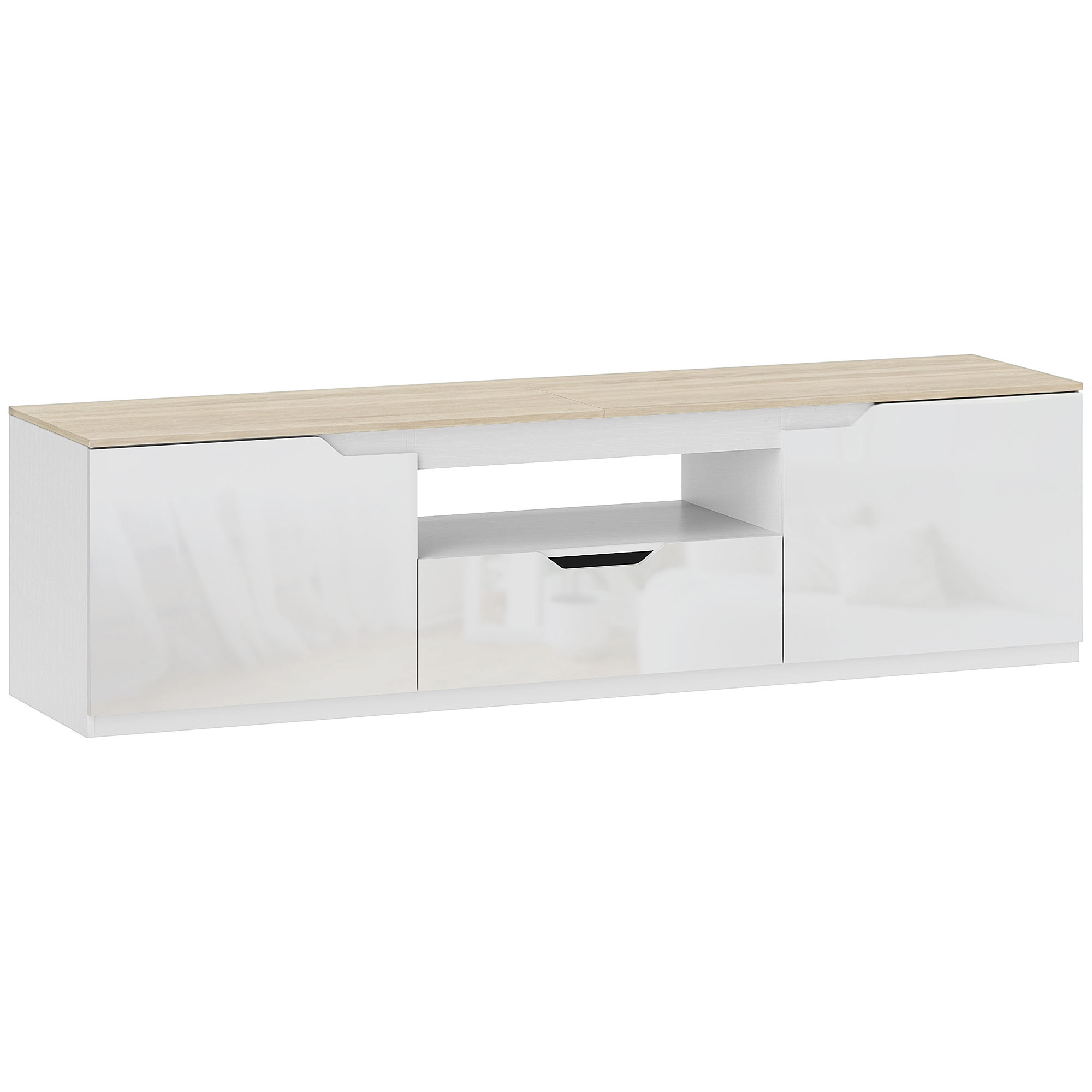 TV-Lowboard, Hochglanz, für Fernseher bis 65'', 3 Fächer, Schublade, 160 x 38 x 43 cm, Naturholz