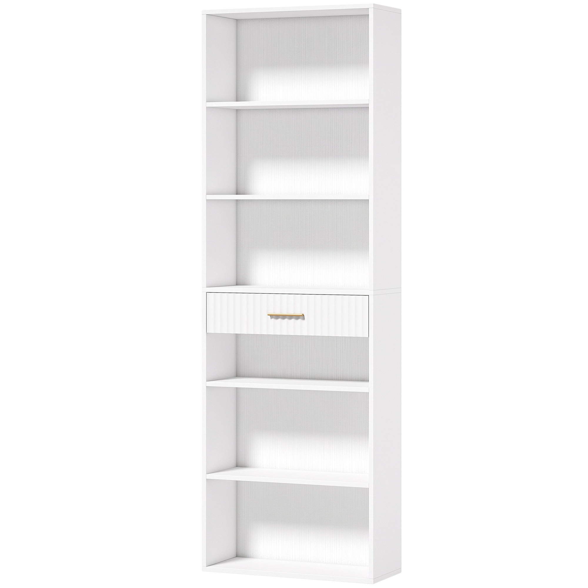 HOMCOM Bücherregal mit 7 Ebenen, Aufbewahrungsregal mit 6 offenen Fächern und gewellter Schublade, modern, Aufbewahrung für Wohnzimmer, Schlafzimmer, Büro, 60 x 24 x 182 cm, Weiß Aosom