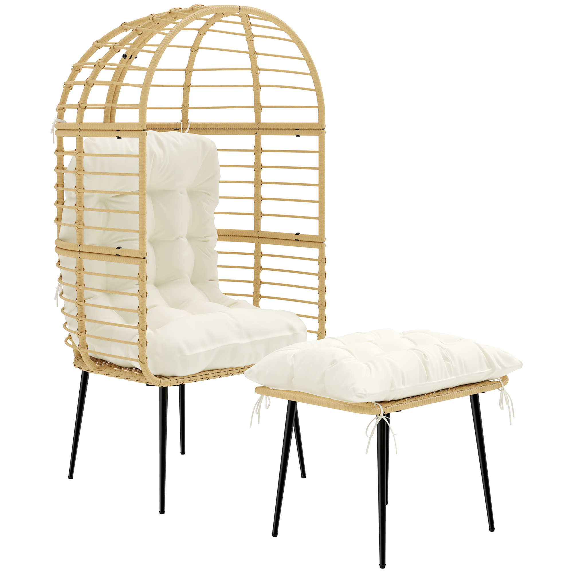 Gartensessel mit Hocker PE Rattan Ei-Form Korbsessel mit langen & dicken Kissen Metallrahmen Beige