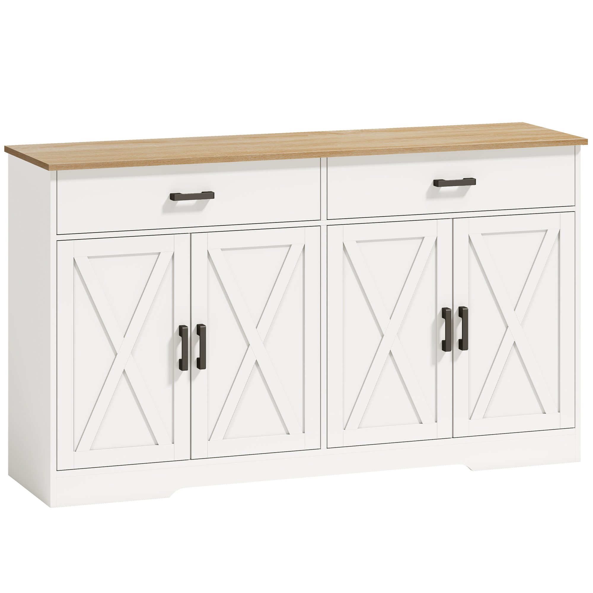 Sideboard Buffet Schrank, 140 cm Farmhaus Küchen-Schrank mit 2 Schubladen und 2 Schränken, Weiß
