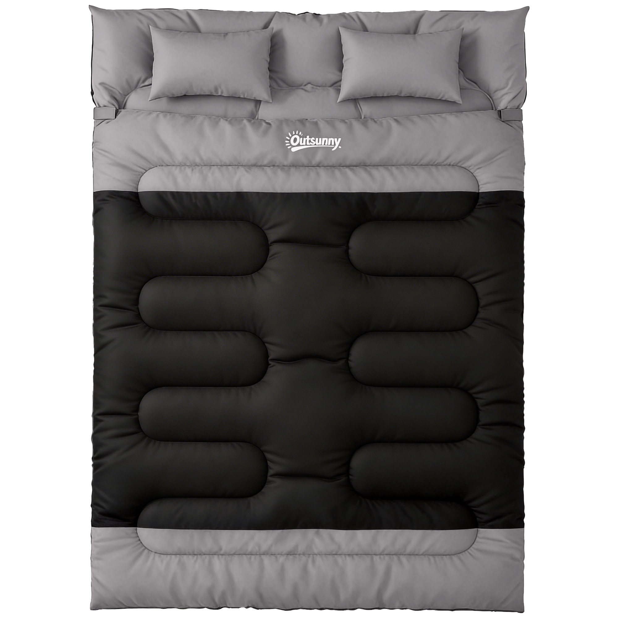 Outsunny Black And Grey Double Sleeping Bag With 2 Pillows, 220 X 160 Cm Extra-Large Sleeping Bag For Adults,