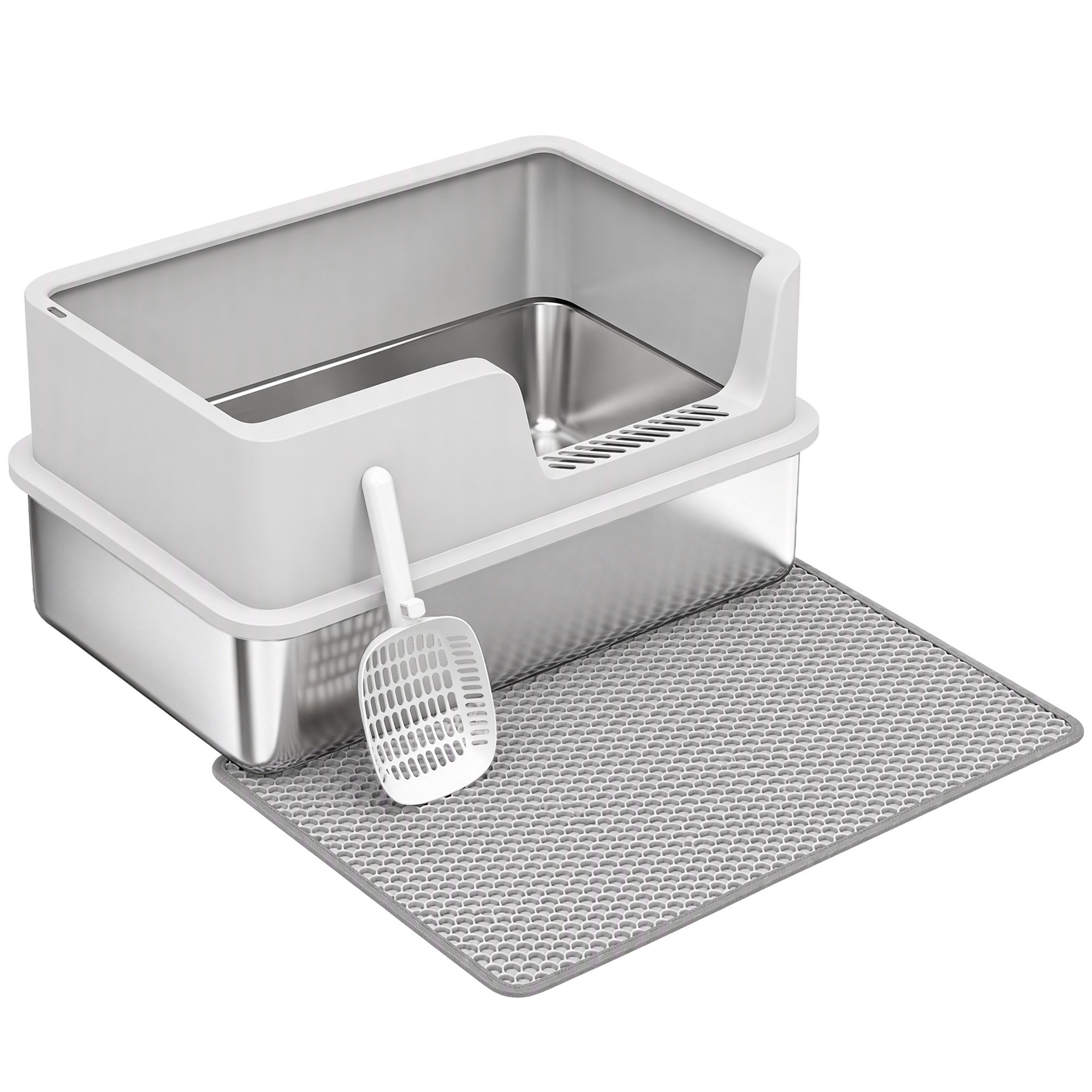 PawHut Katzentoilette XL Edelstahl mit Deckel, hohe Seitenwände, Schaufel Bürste Matte, für Kätzchen bis 8 kg, auslaufsicher, geruchsarm, Hellgrau Aosom