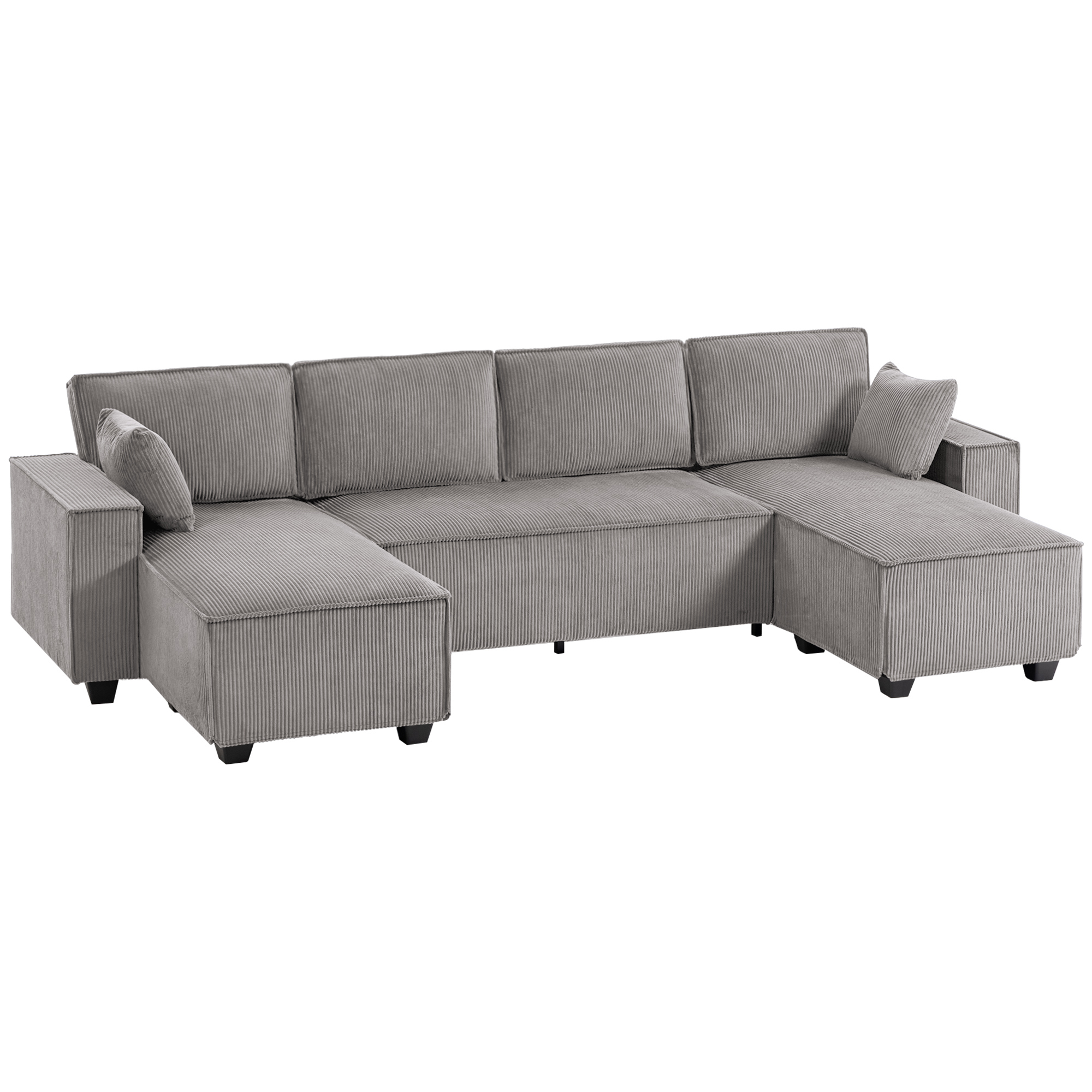 Ecksofa mit Doppel-Chaiselongues, U-förmiges Sofa aus Cordstoff mit breitem und tiefem Sitz, Federkernkissen, Hellgrau