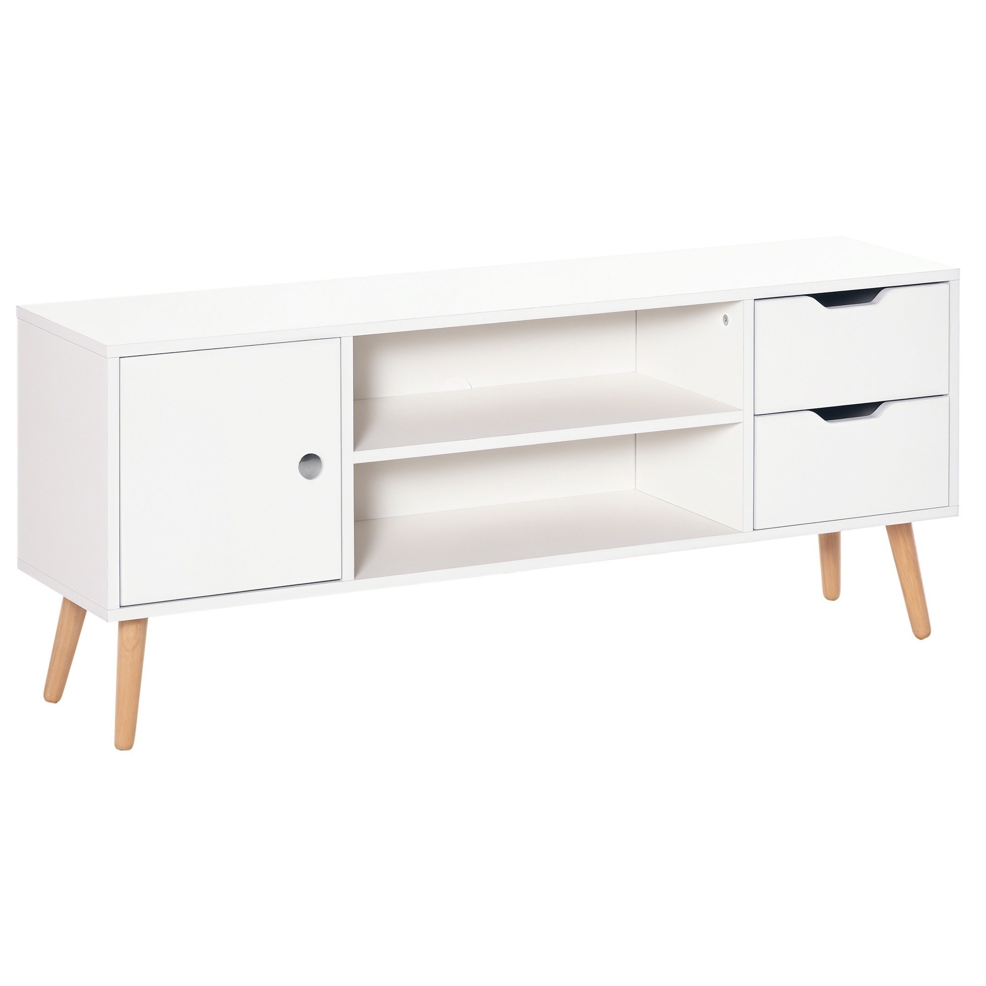 HOMCOM Meuble TV banc TV style scandinave placard 2 niches 2 tiroirs passe-fils panneaux particules blanc bois pin