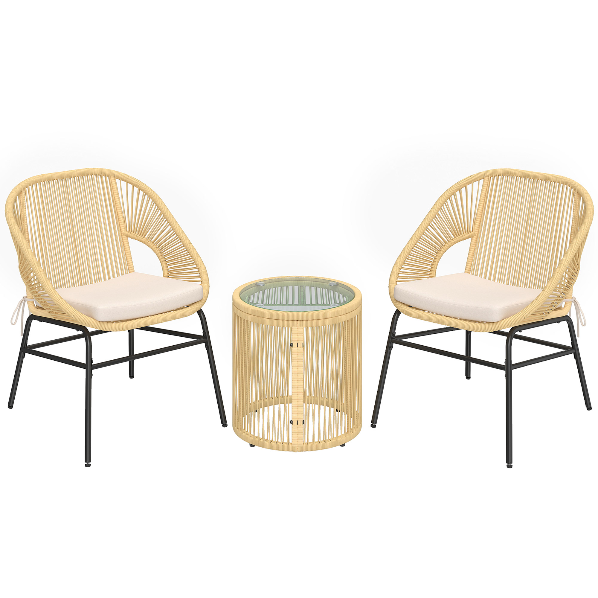 Outsunny Rattan Bistroset 3 teiliges Gartenmöbel-Set mit 2 Gartenstühlen, Glastisch, waschbaren Kissen, Ergonomische Balkonmöbel-Set Sitzgruppe Gartengarnitur für Garten, Terrasse, Beige Aosom