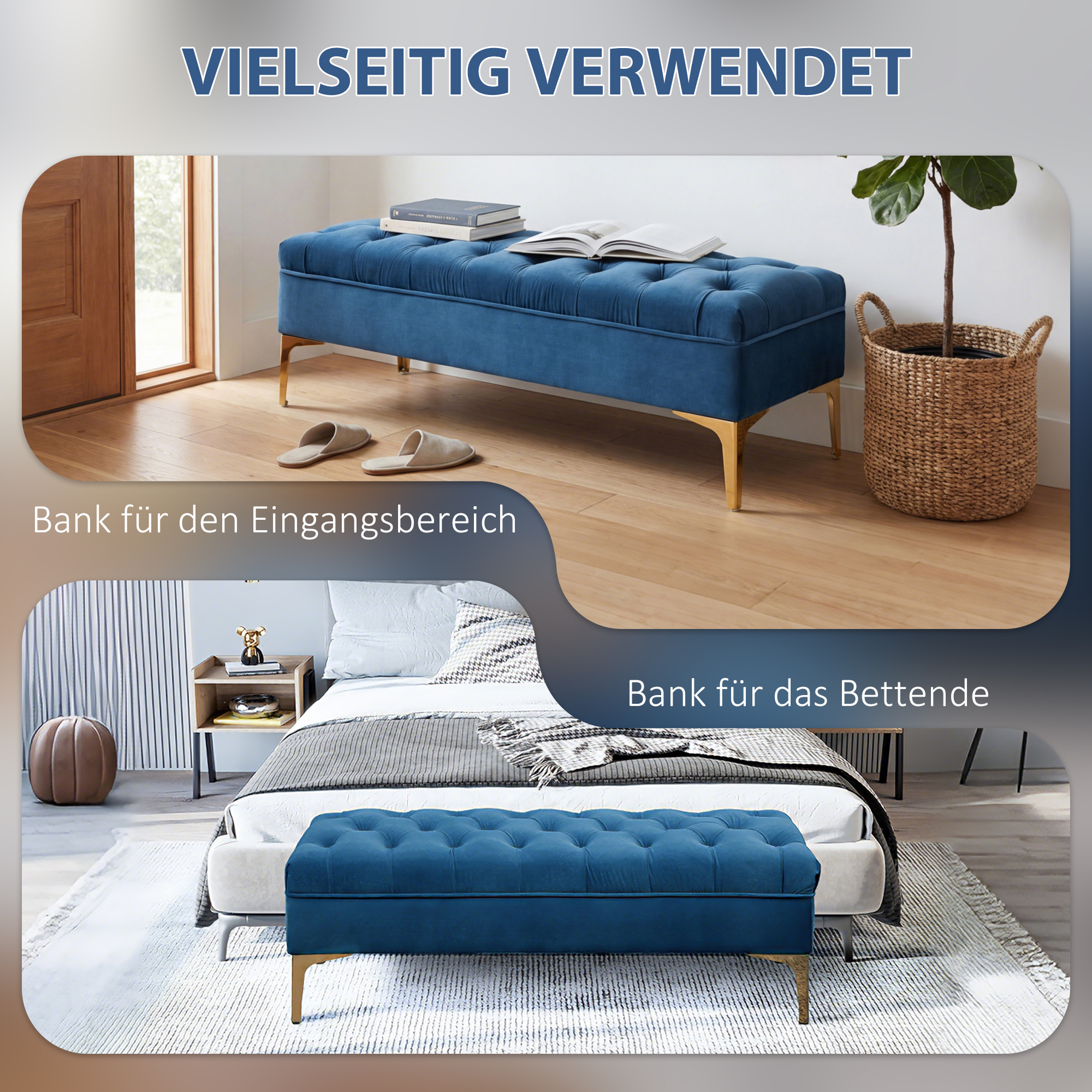 HOMCOM Sitzbank, Bettbank, Schuhbank mit erhöhten Beine, Schlafzimmer, Samt Blau 118 x 45 x 42 cm Sitzbank Bettbank Erhöhte Beine Schlafzimmer Dunkelblau