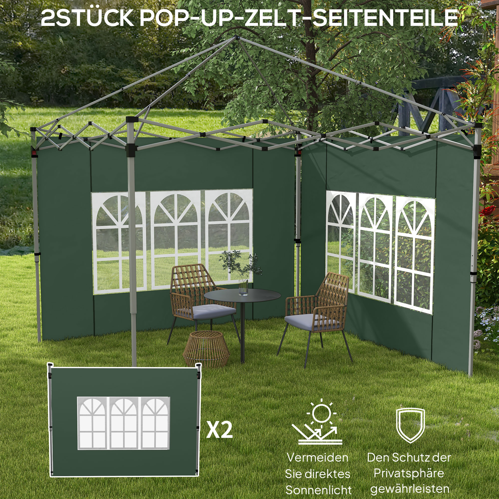2 külgpaneeli komplekt 3x3/3x4 m paviljonile, aknaga külgsein, veekindel, roheline