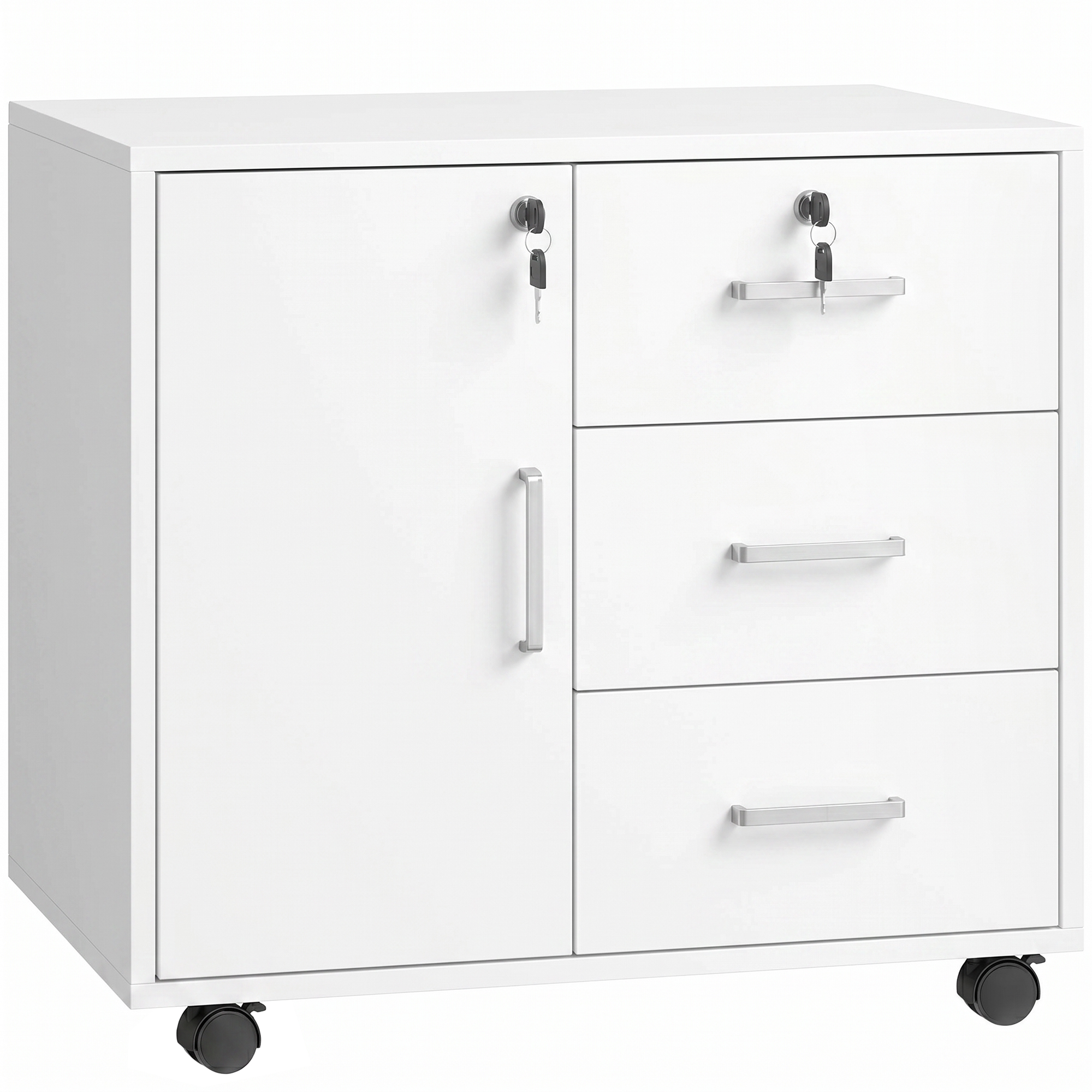 HOMCOM Caisson bureau meuble de rangement verrouillable avec 3 tiroirs et étagère réglable, roulettes, 40 x 60 x 56 cm, blanc