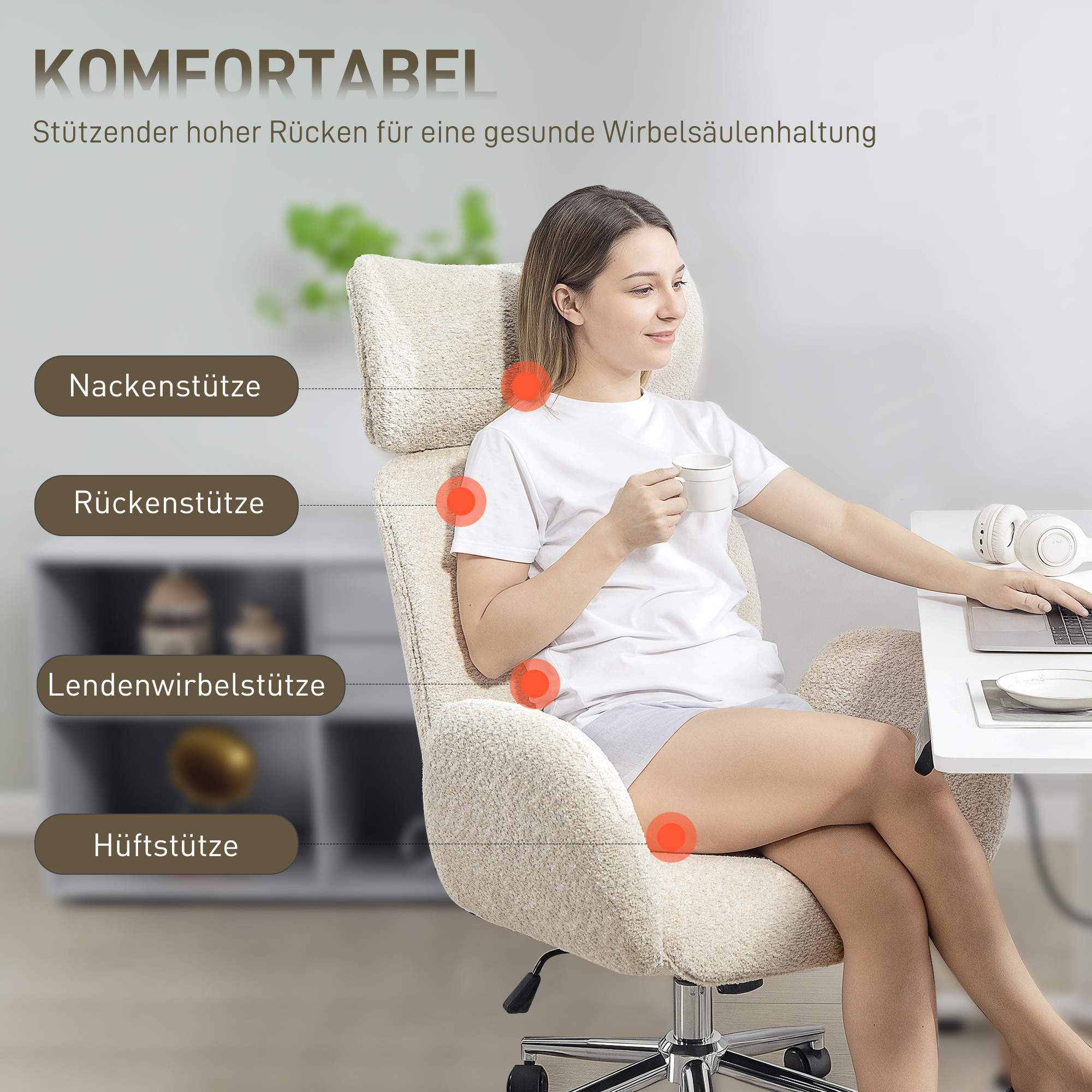 Kontoritool reguleeritava peatoega, ergonoomiline lauatool, kallutusfunktsioon, reguleeritava kõrgusega, hallvalge